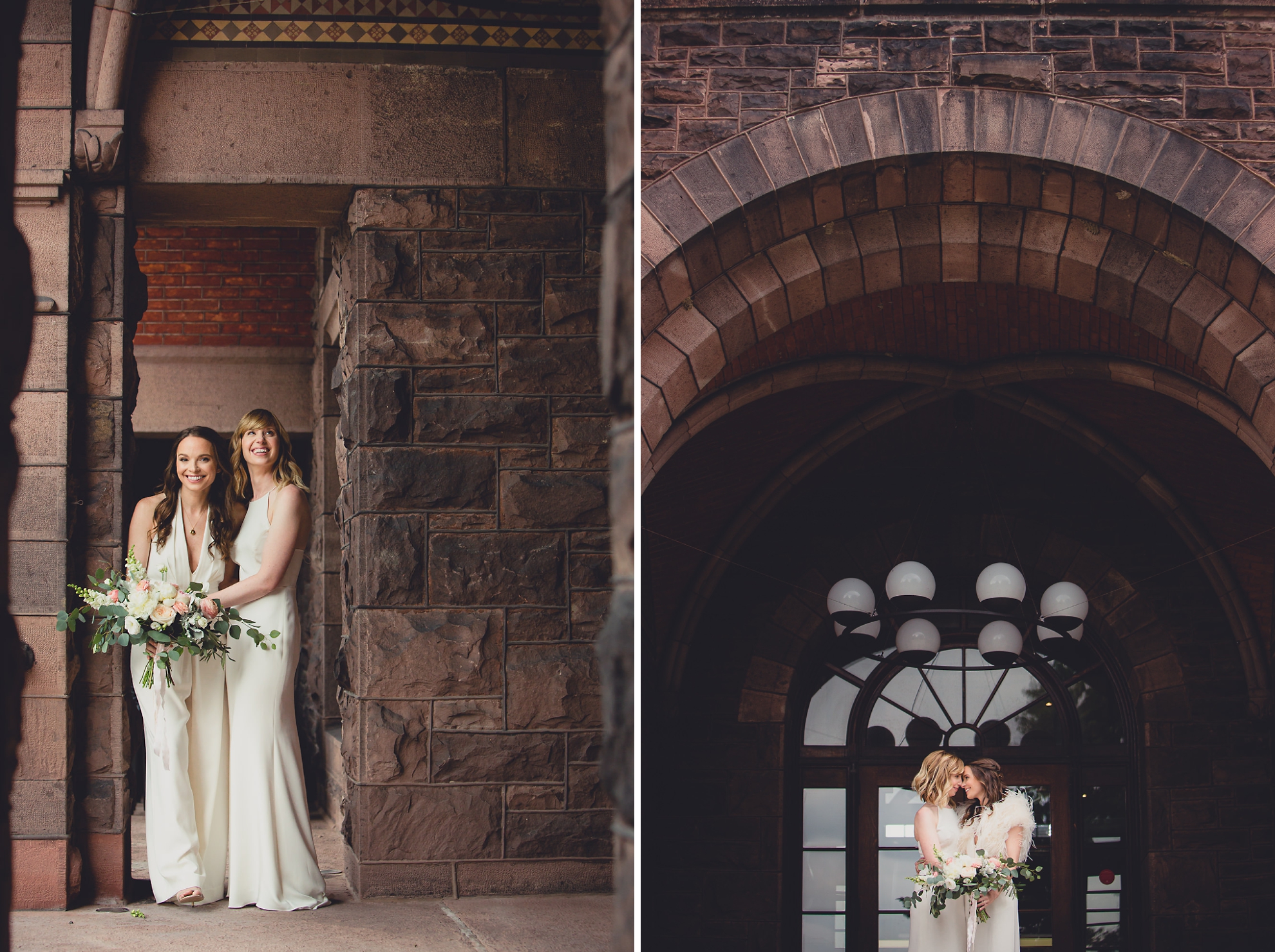 brides laugh during portrait session before wedding at Hotel Henry in Buffalo, NY