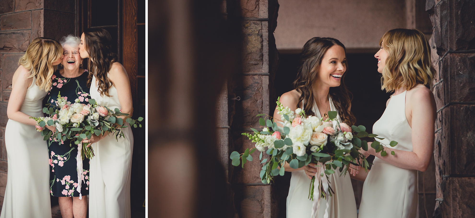 brides laugh during portrait session before wedding at Hotel Henry in Buffalo, NY