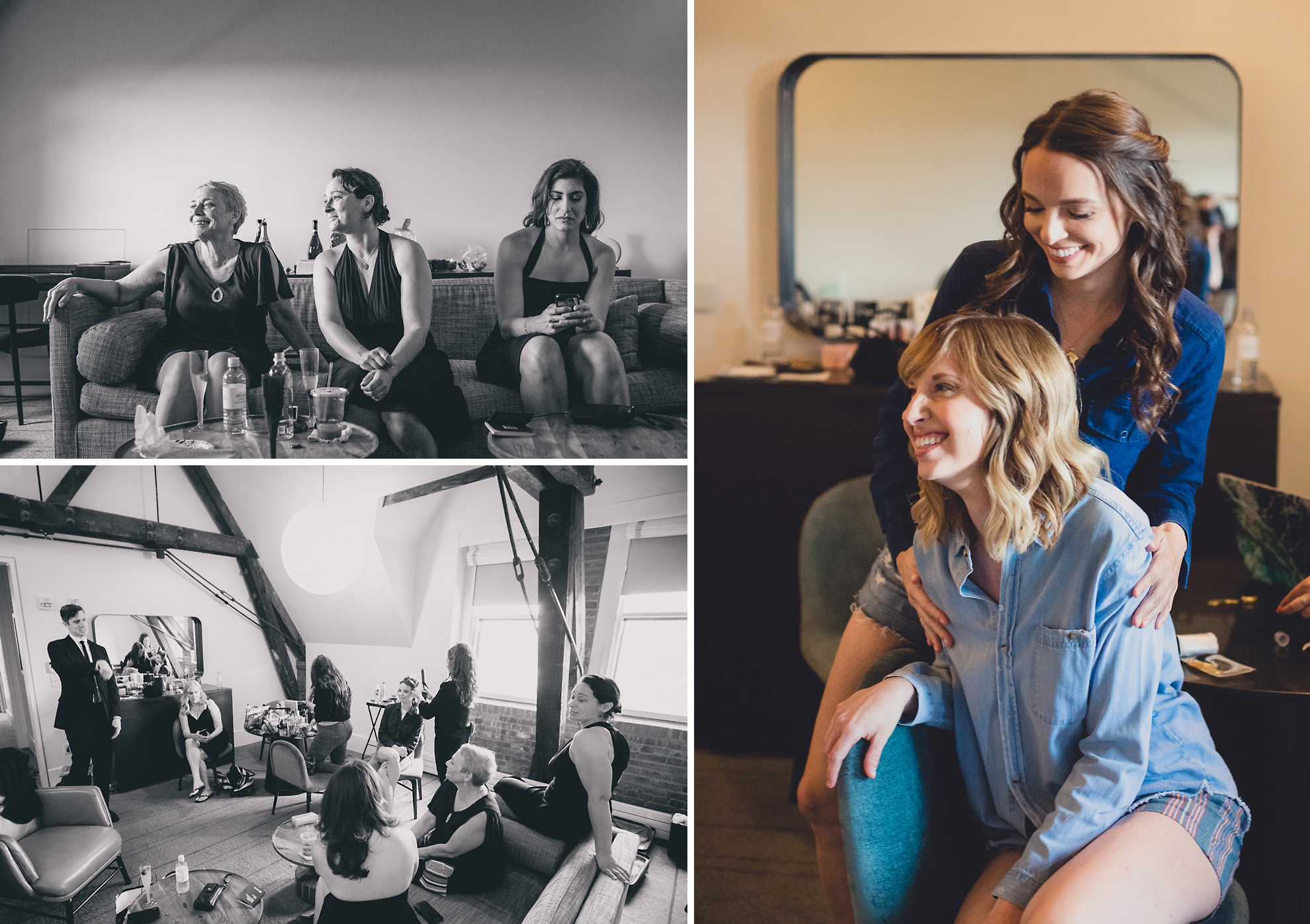 brides laugh together while getting ready for wedding at Hotel Henry in Buffalo, NY