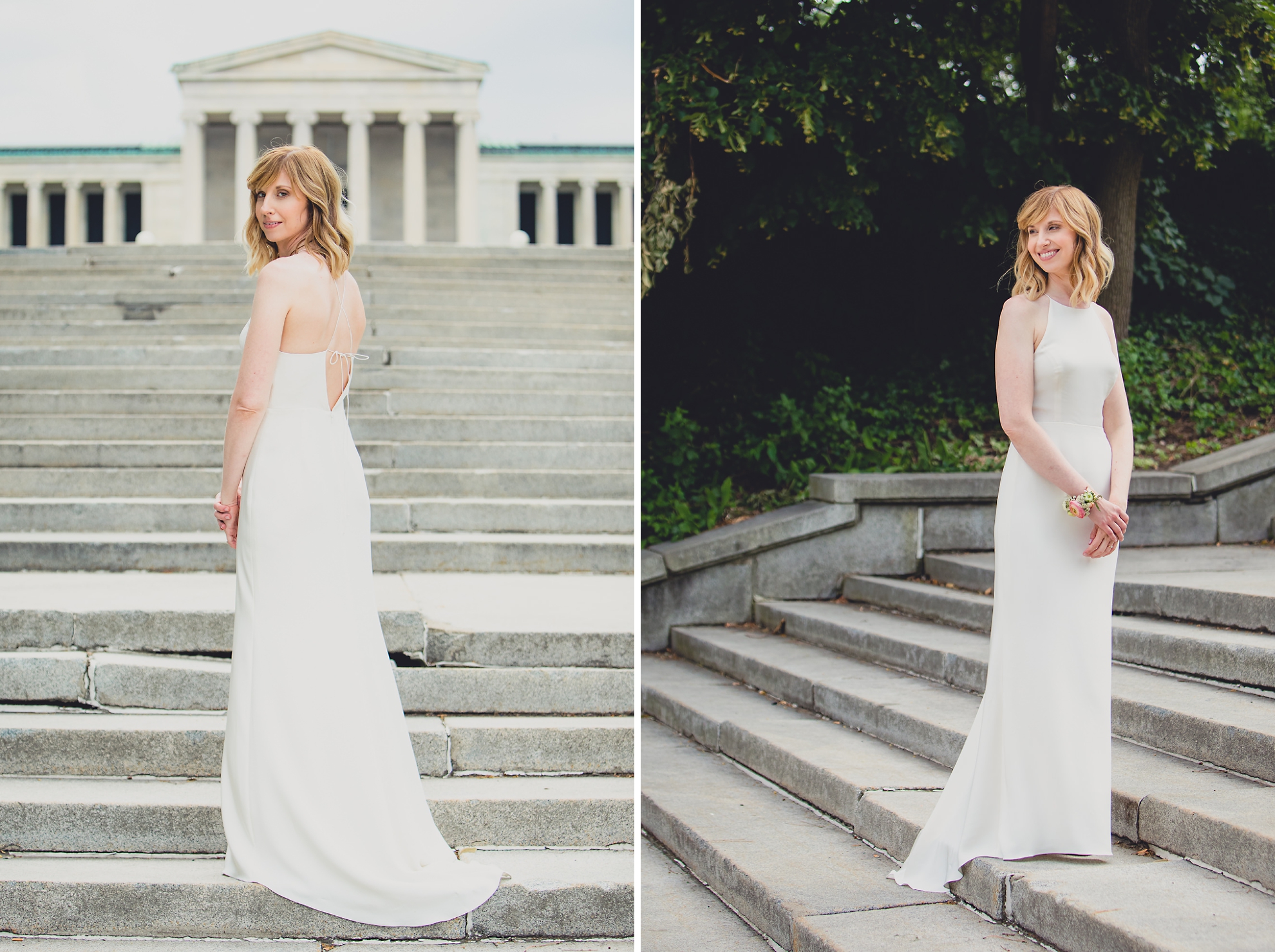 bride poses for portrait during session on wedding day in front of Albright Knox in Delaware Park in Buffalo, NY