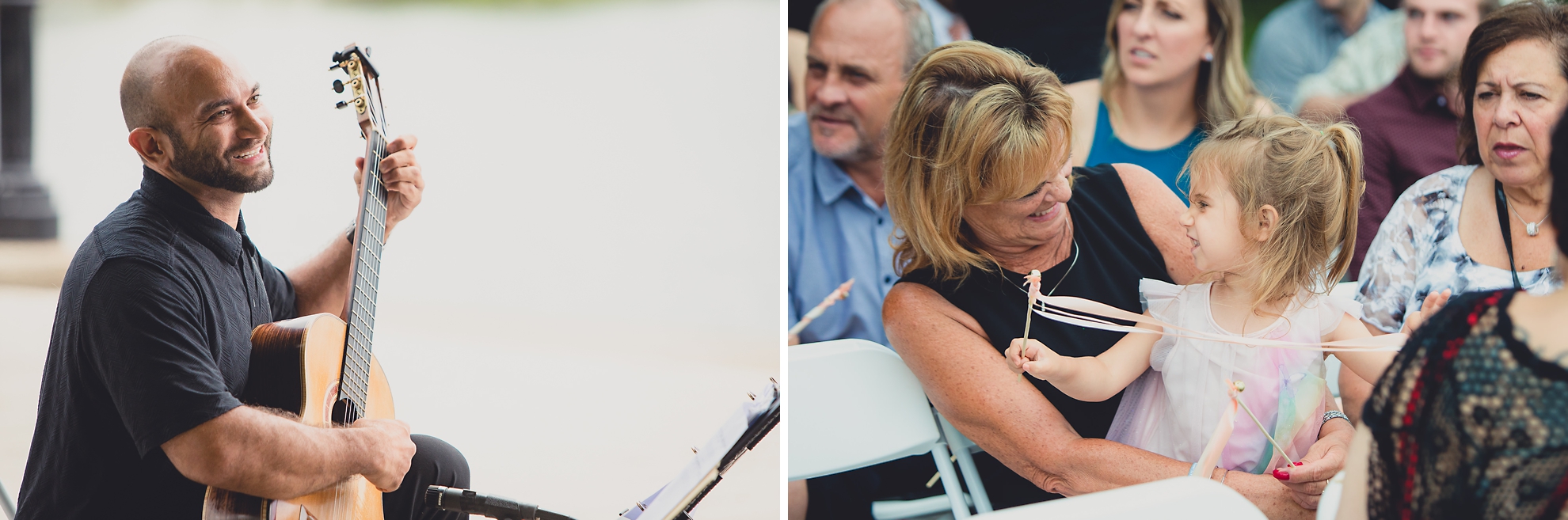 man plays guitar during wedding ceremony in front of Hoyt Lake at Marcy Casino in Delaware Park in Buffalo, NY