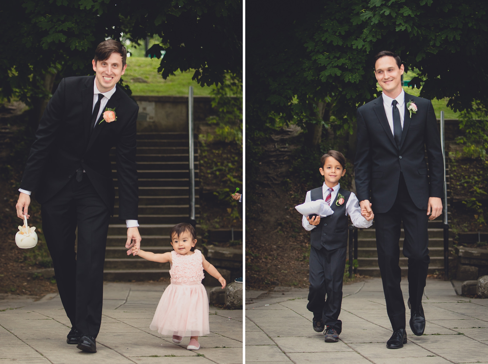 groomsmen walk ring bearer and flowergirl down aisle during wedding ceremony in front of Hoyt Lake at Marcy Casino in Delaware Park in Buffalo, NY