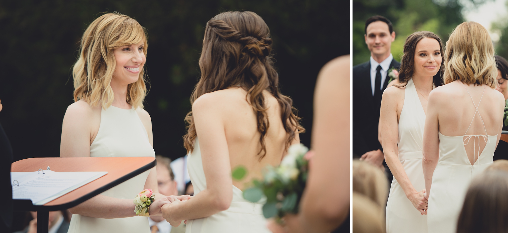 brides smile at each other during wedding ceremony in front of Hoyt Lake at Marcy Casino in Delaware Park in Buffalo, NY
