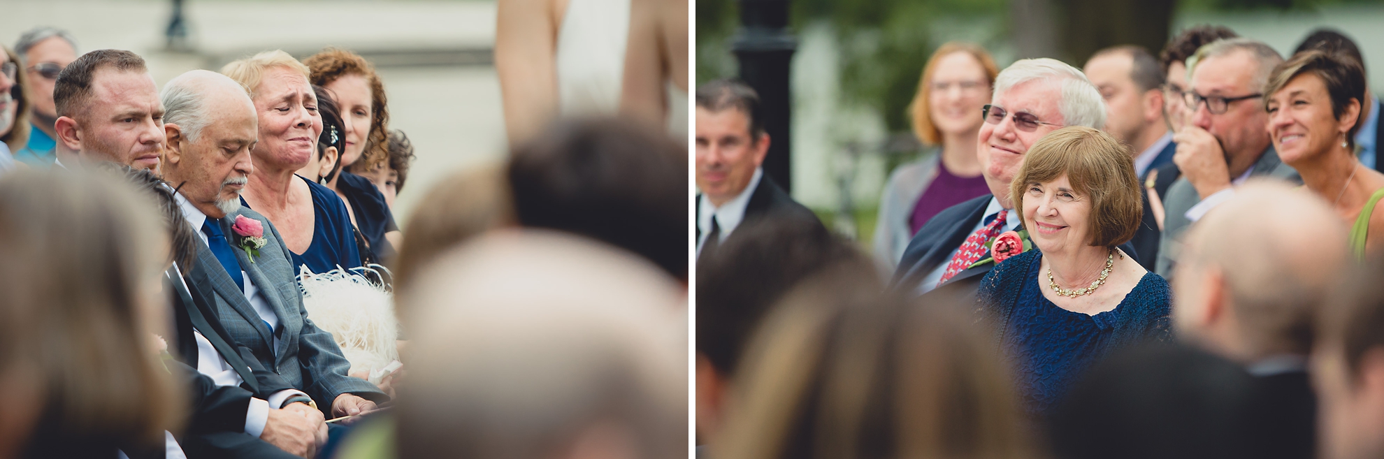 parents react with smiles and tears during wedding ceremony in front of Hoyt Lake at Marcy Casino in Delaware Park in Buffalo, NY