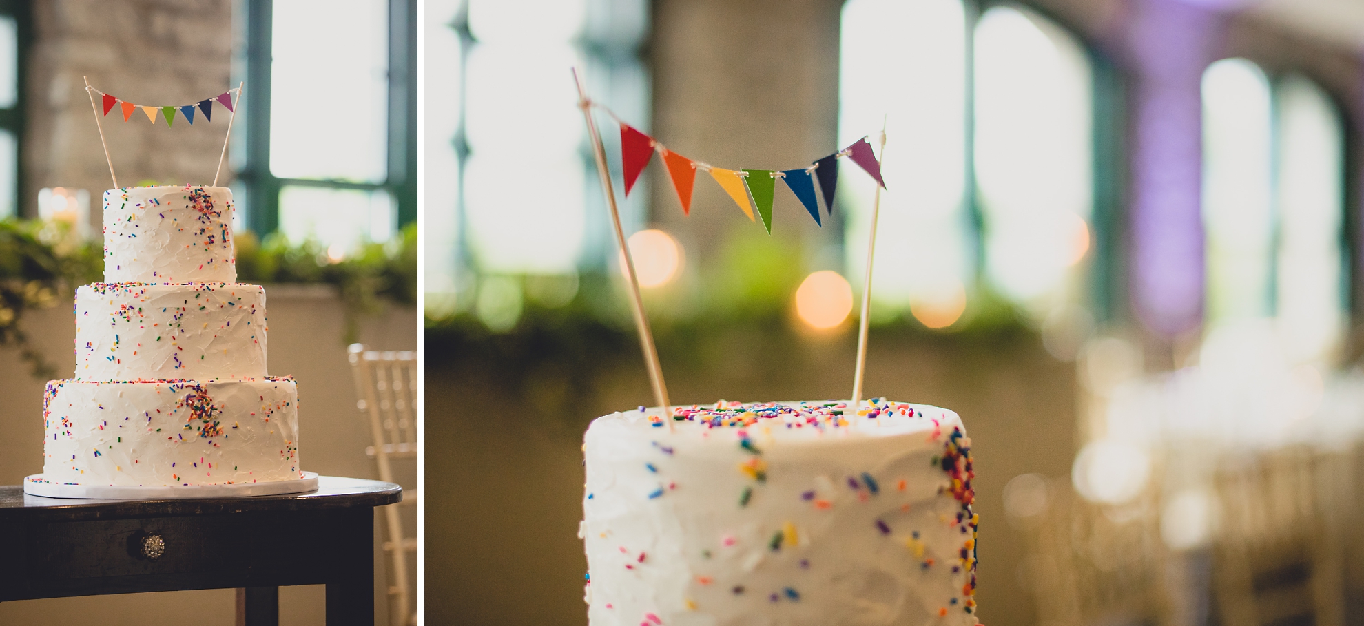 rainbow wedding cake during wedding at Marcy Casino in Delaware Park in Buffalo, NY