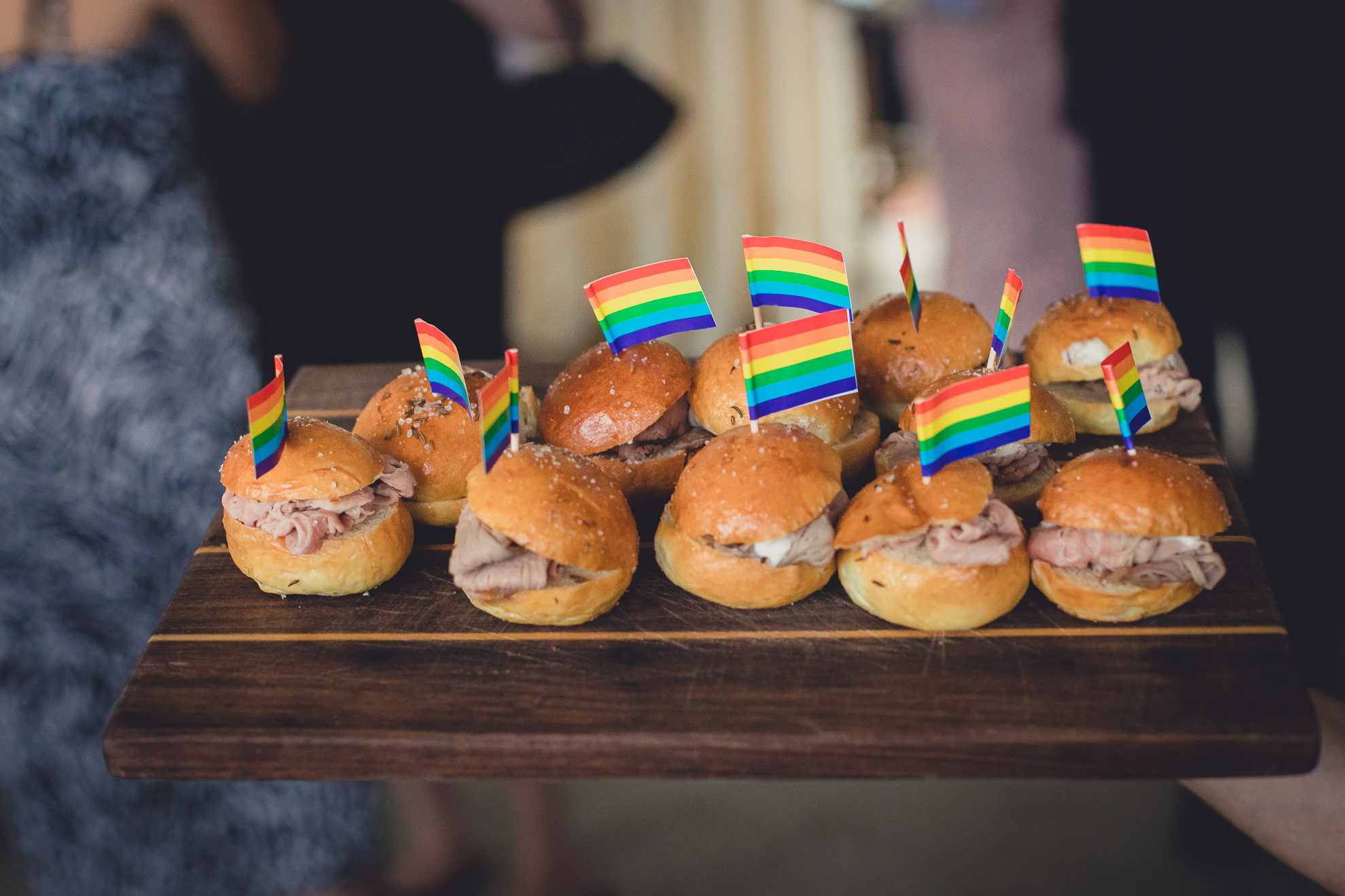 beef on weck with rainbow flag tooth picks during wedding at Marcy Casino in Delaware Park in Buffalo, NY