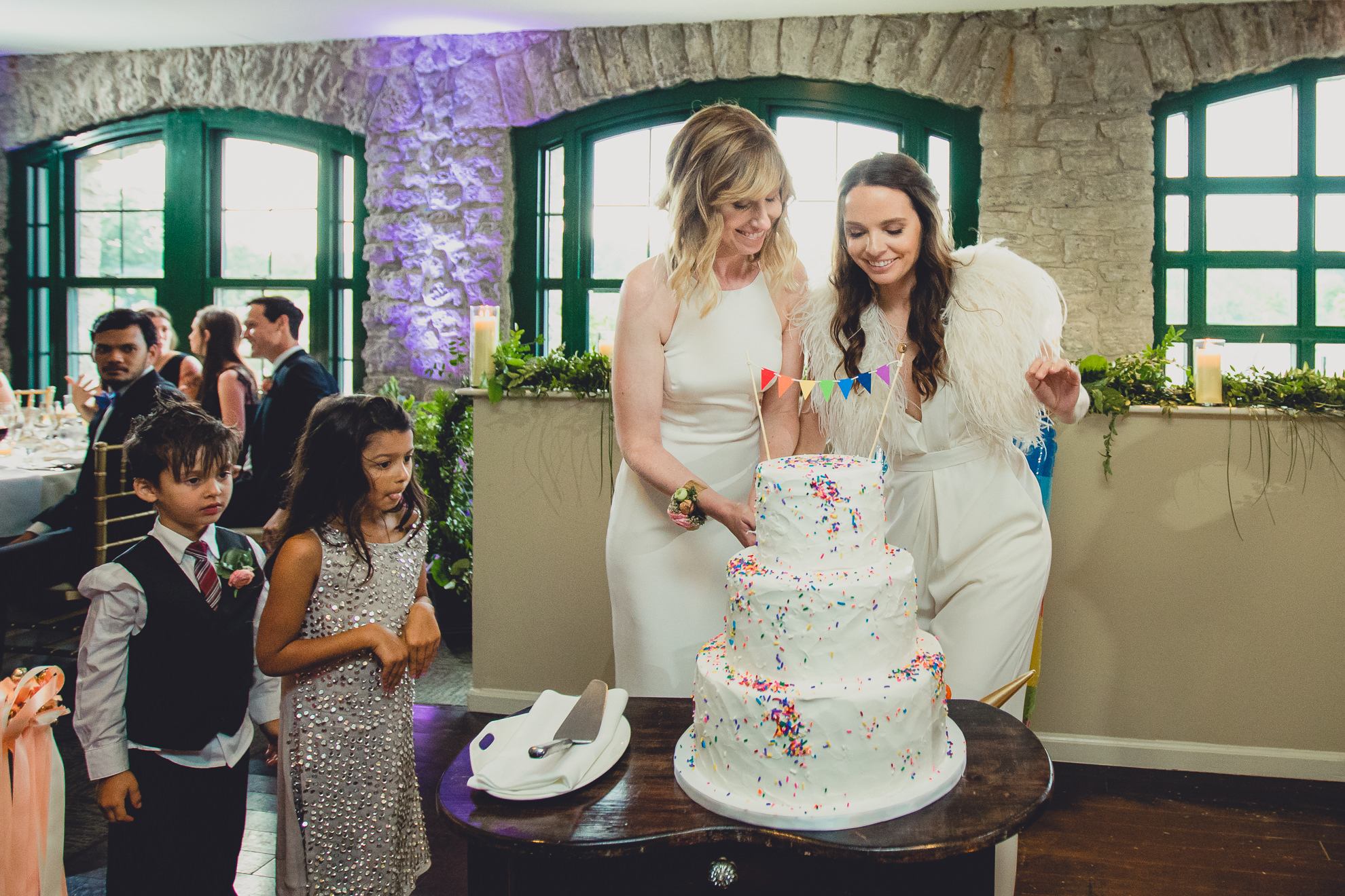 brides cut cake during wedding at Marcy Casino in Delaware Park in Buffalo, NY