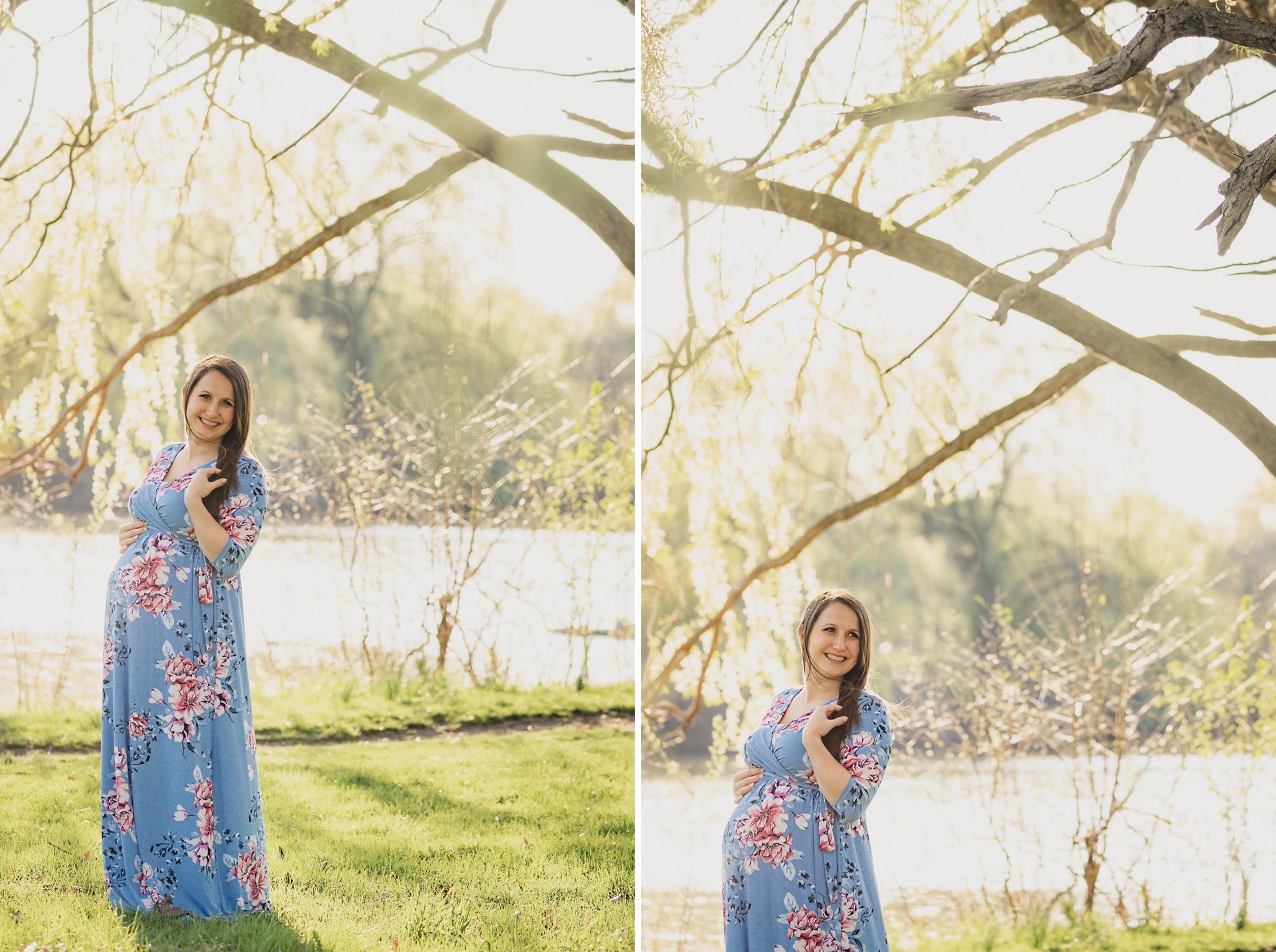 pregnant woman poses for photographer during maternity portrait photography session with cherry blossoms in Delaware Park in Buffalo, NY