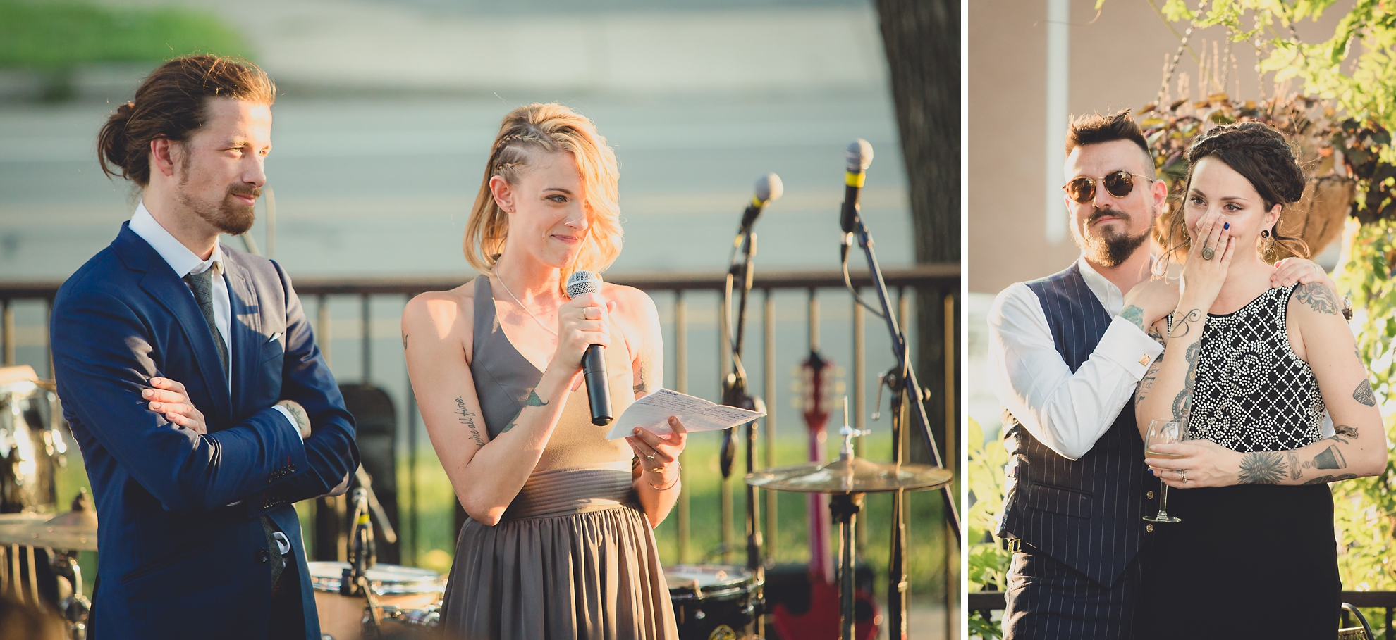 best man and maid of honor deliver speeches during outdoor wedding reception at the Revelry in Rochester, NY 