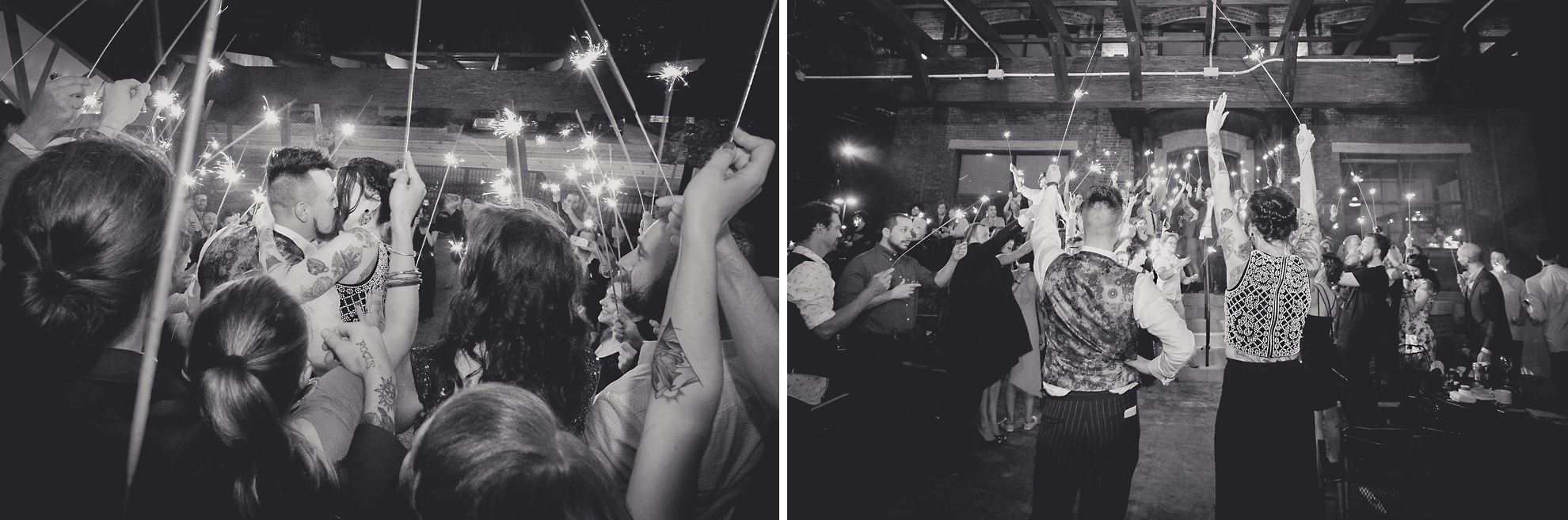 bride and grooms formal exit beneath sparklers during outdoor wedding reception at the Revelry in Rochester, NY 
