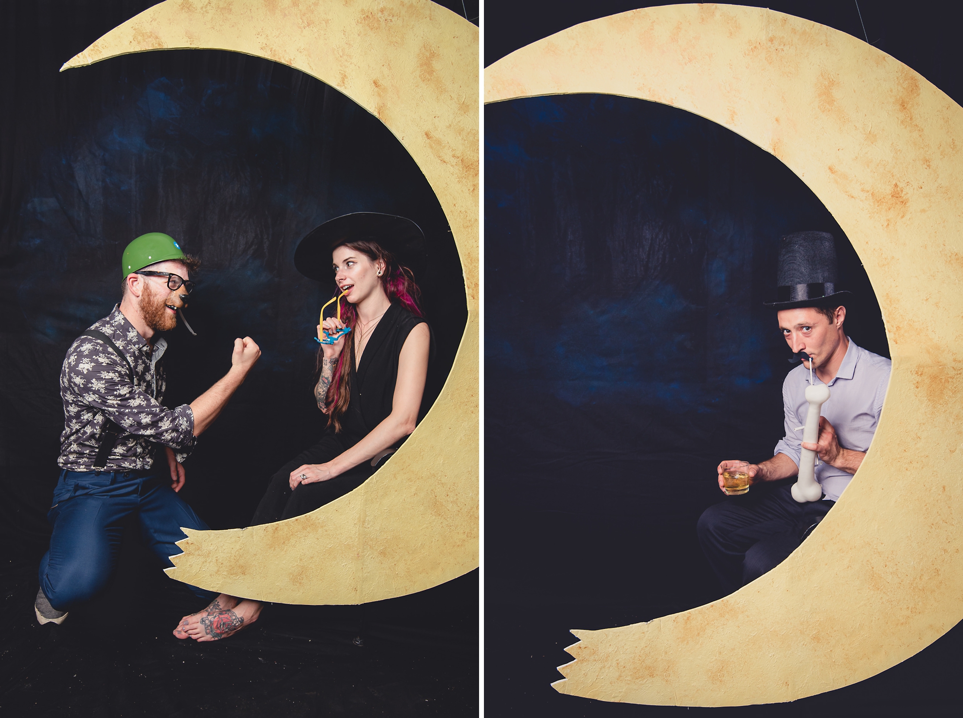 guests pose for photographer at portrait photo booth station with moon during outdoor wedding reception at the Revelry in Rochester, NY 
