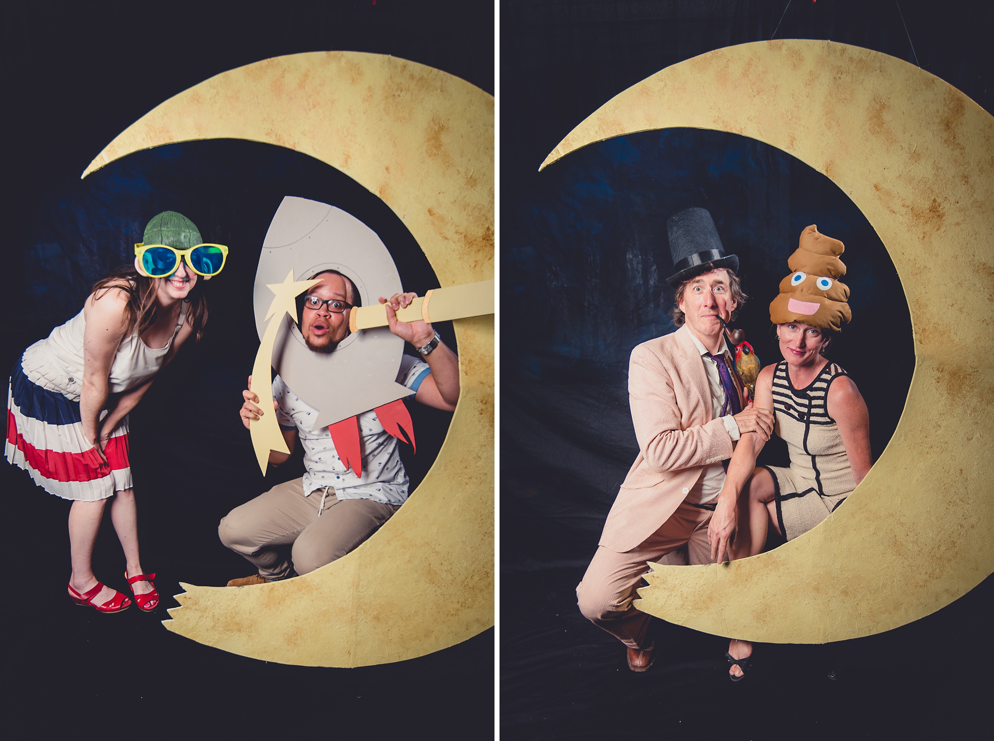 guests pose for photographer at portrait photo booth station with moon during outdoor wedding reception at the Revelry in Rochester, NY 