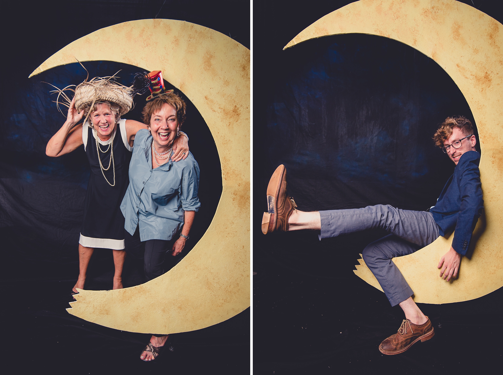 guests pose for photographer at portrait photo booth station with moon during outdoor wedding reception at the Revelry in Rochester, NY 