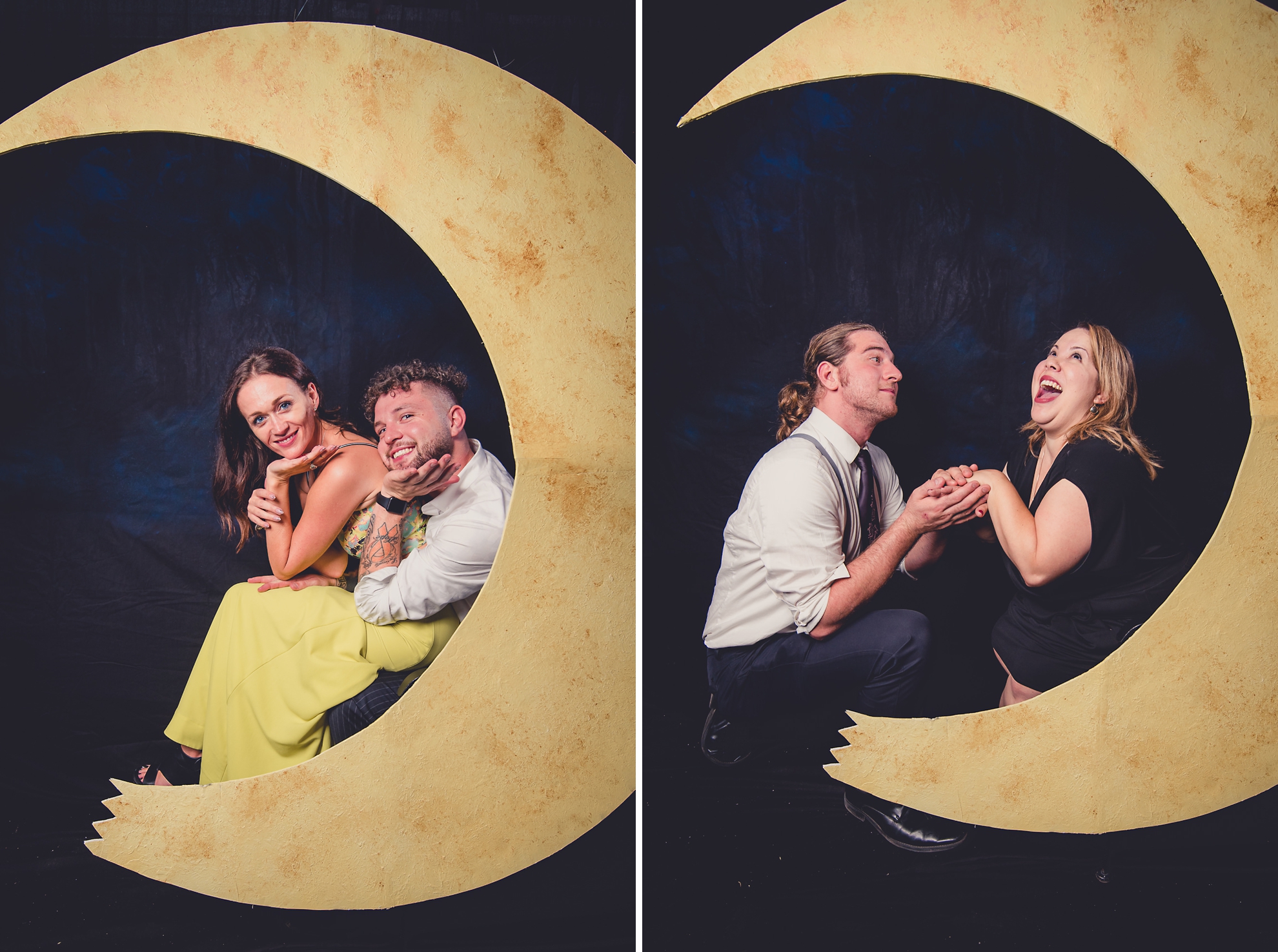 guests pose for photographer at portrait photo booth station with moon during outdoor wedding reception at the Revelry in Rochester, NY 
