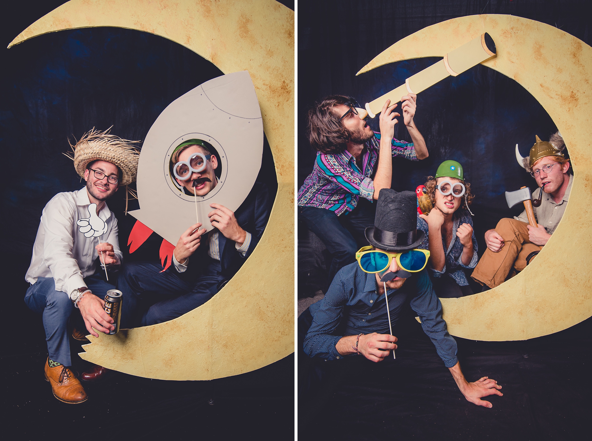 guests pose for photographer at portrait photo booth station with moon during outdoor wedding reception at the Revelry in Rochester, NY 