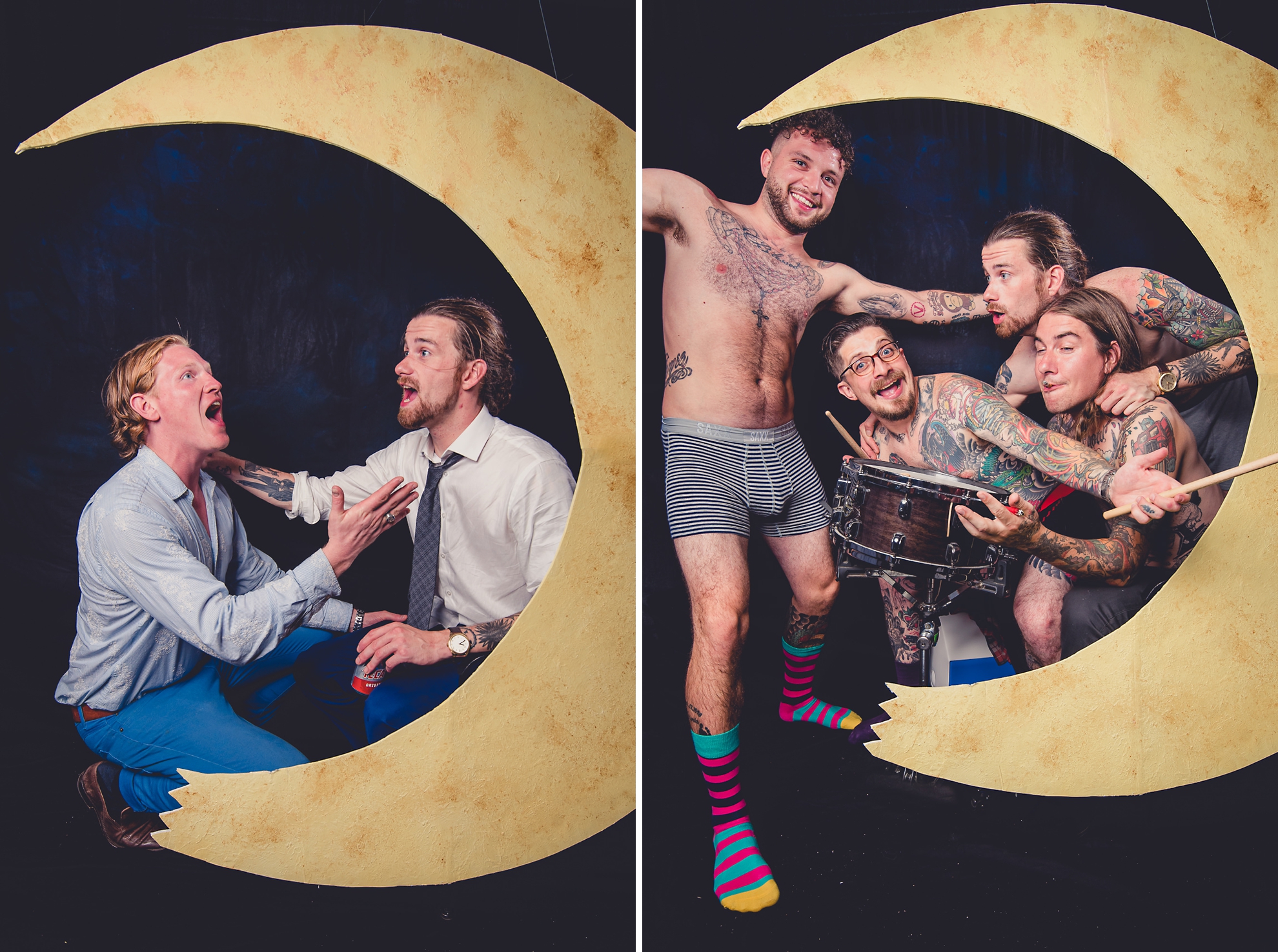 guests pose for photographer at portrait photo booth station with moon during outdoor wedding reception at the Revelry in Rochester, NY 