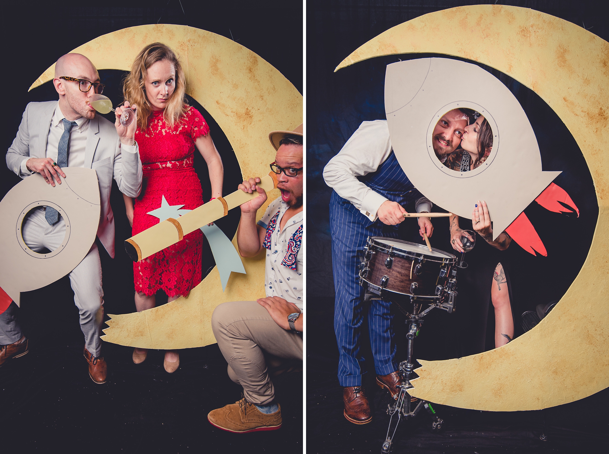 guests pose for photographer at portrait photo booth station with moon during outdoor wedding reception at the Revelry in Rochester, NY 