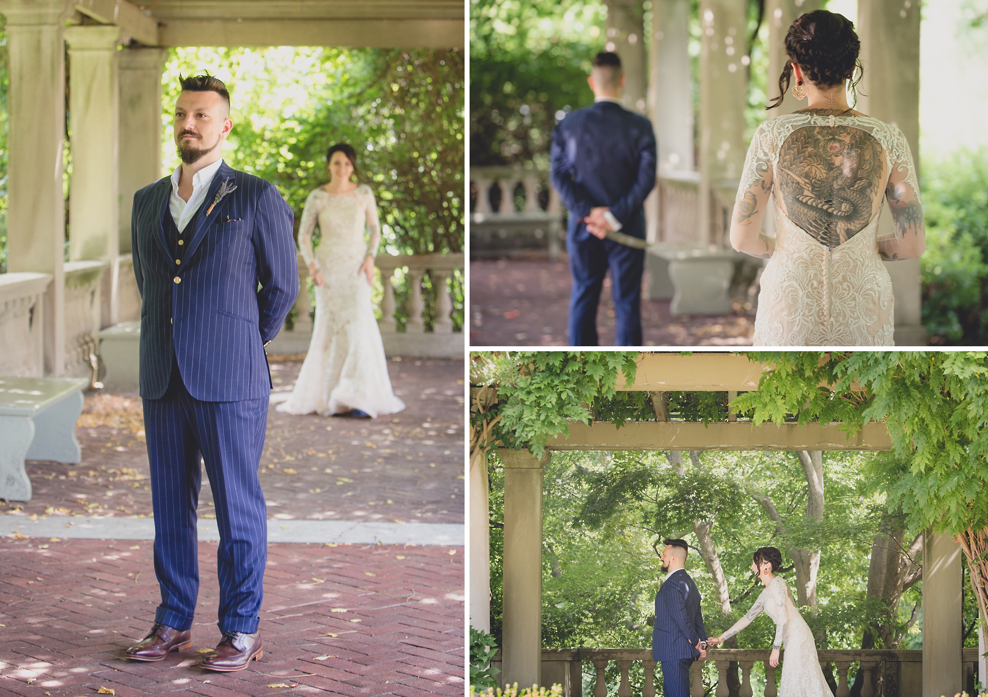 bride and groom see each other for the first time before garden wedding ceremony at the George Eastman House in Rochester, NY 