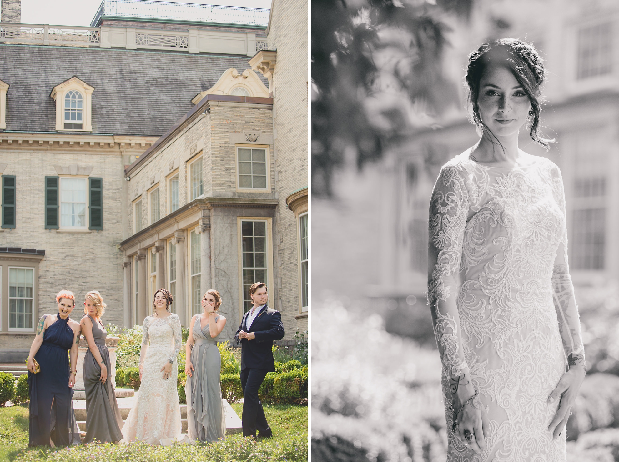 wedding party poses for photographer before garden wedding ceremony at the George Eastman House in Rochester, NY 