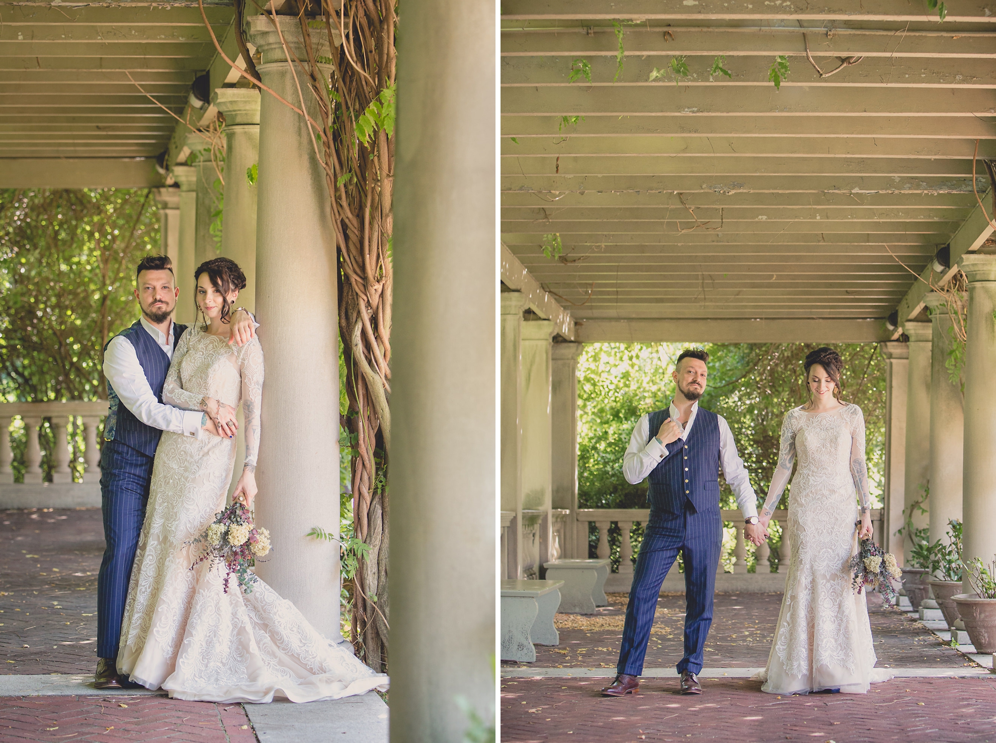 bride and groom pose for photographer before garden wedding ceremony at the George Eastman House in Rochester, NY 