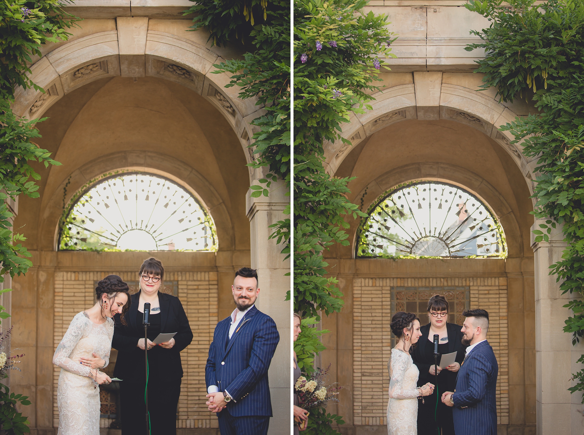 bride and groom say vows during garden wedding ceremony at the George Eastman House in Rochester, NY 