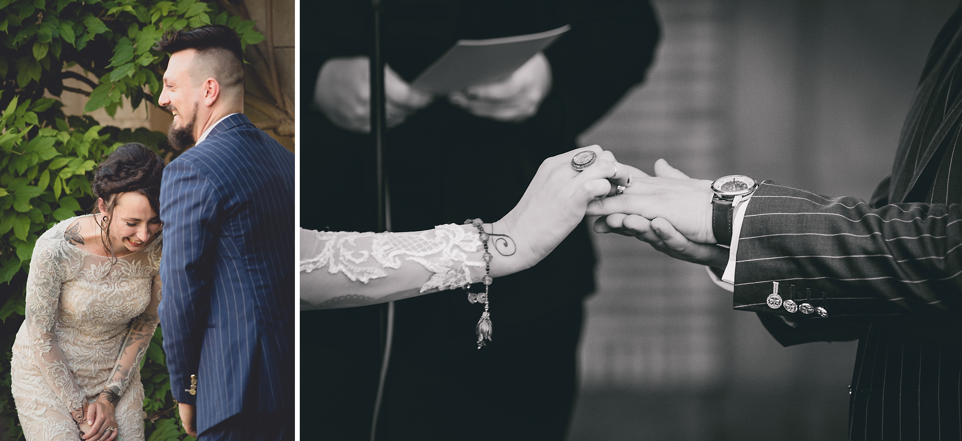 bride places ring on grooms finger during garden wedding ceremony at the George Eastman House in Rochester, NY 