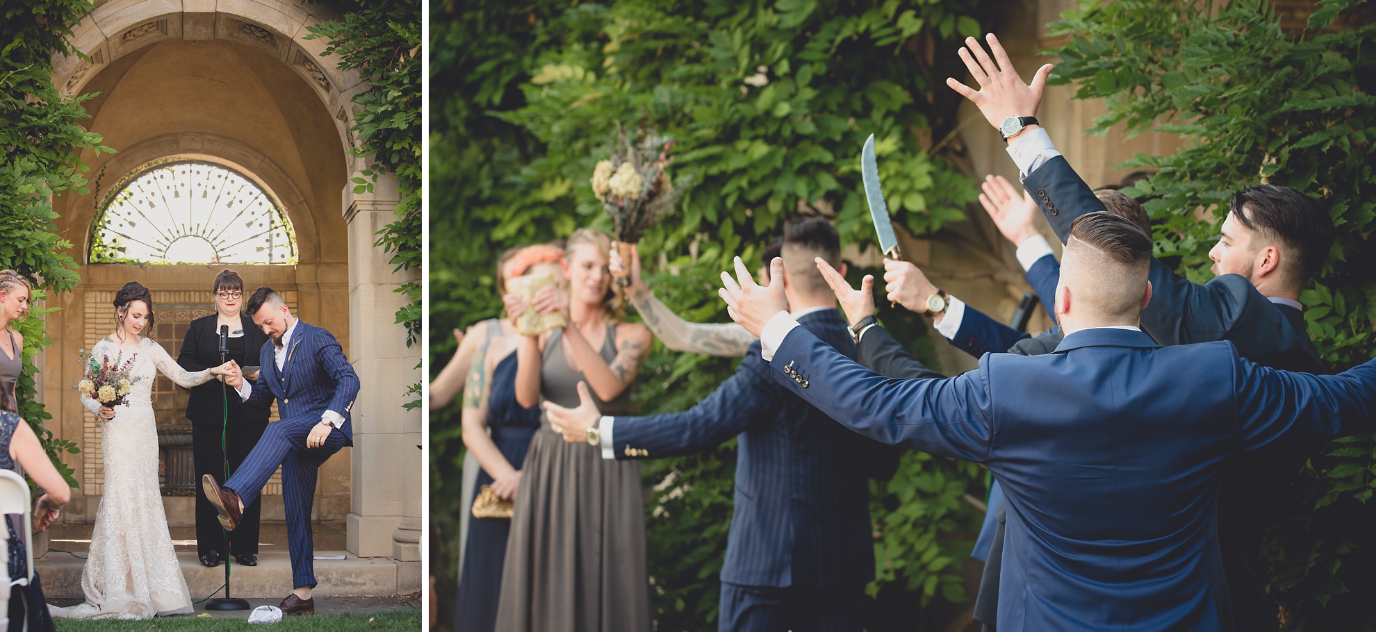 groom steps on glass during garden wedding ceremony at the George Eastman House in Rochester, NY 