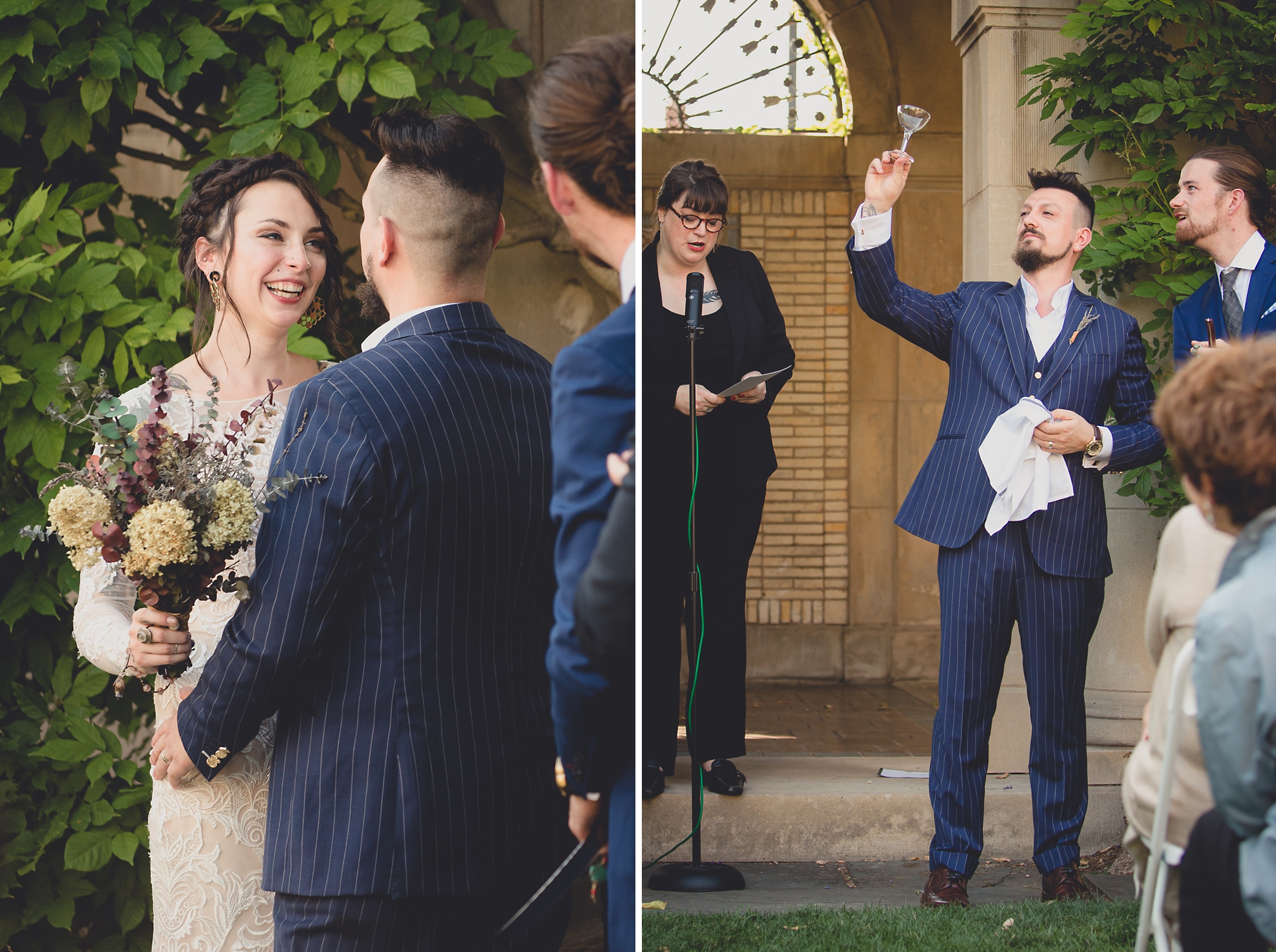groom inspects glass before stepping on it during garden wedding ceremony at the George Eastman House in Rochester, NY 