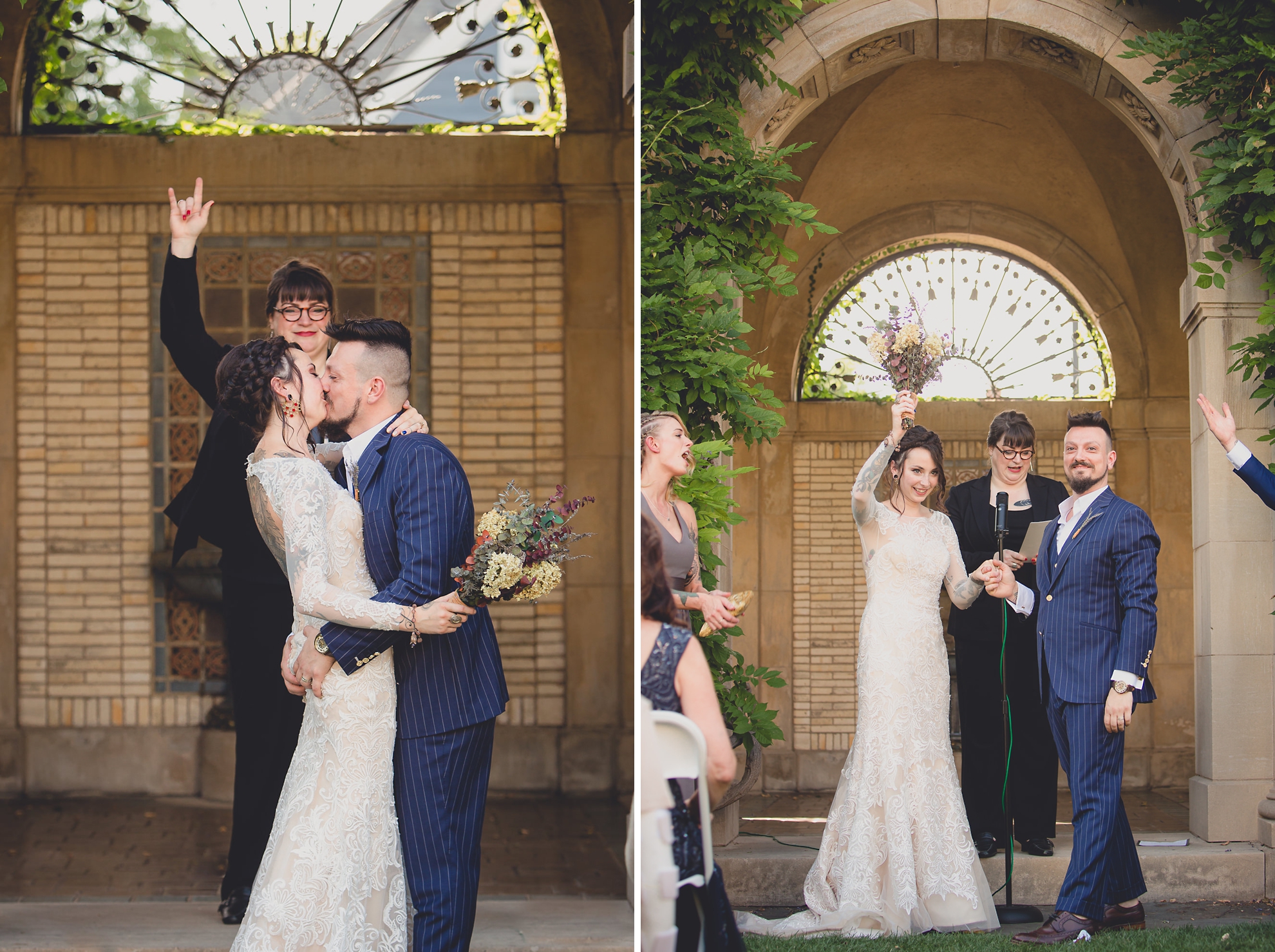 bride and groom share first kiss during garden wedding ceremony at the George Eastman House in Rochester, NY 