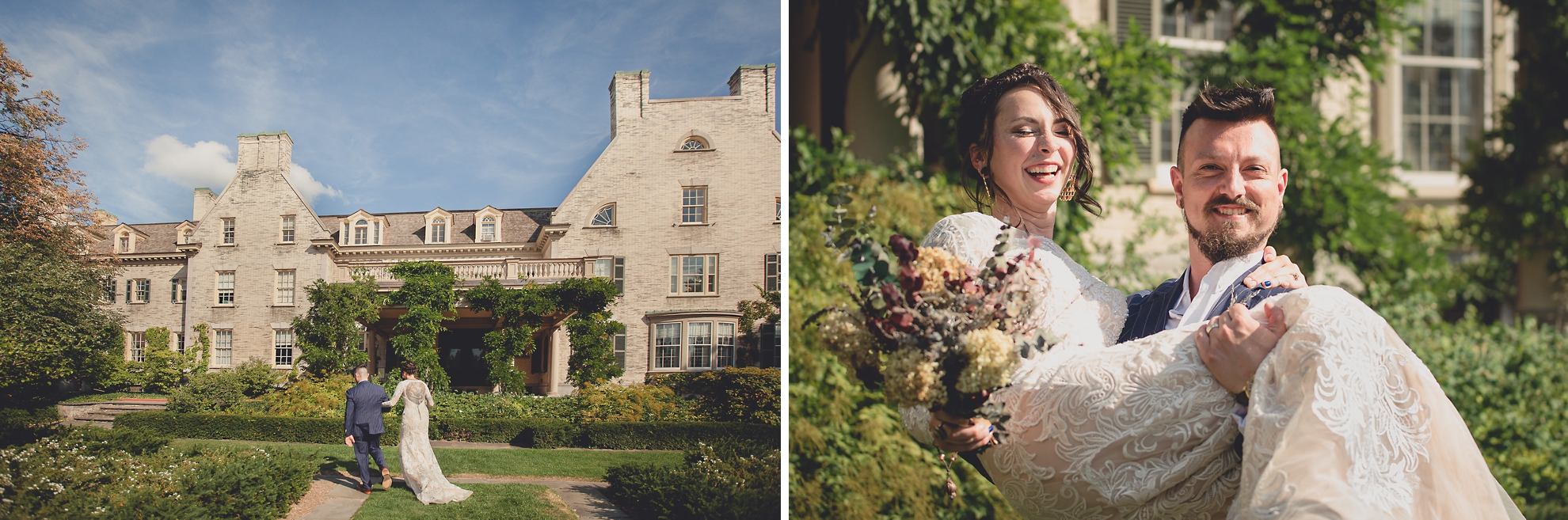 groom picks up bride and carries her during garden wedding ceremony at the George Eastman House in Rochester, NY 
