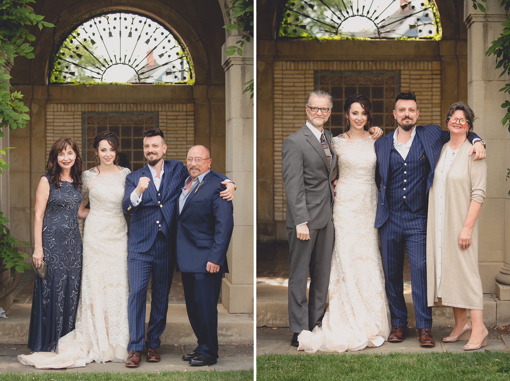 bride and groom pose for photographer with parents during garden wedding ceremony at the George Eastman House in Rochester, NY 