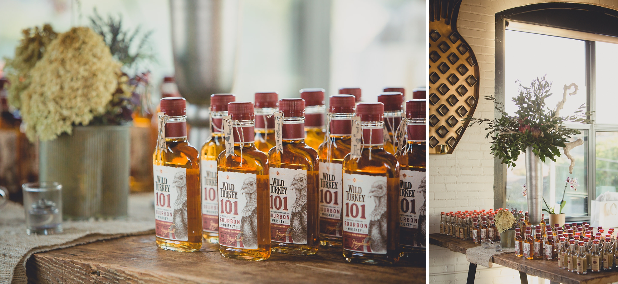 wild turkey bottles sit on table as guest favors during outdoor wedding reception at the Revelry in Rochester, NY 