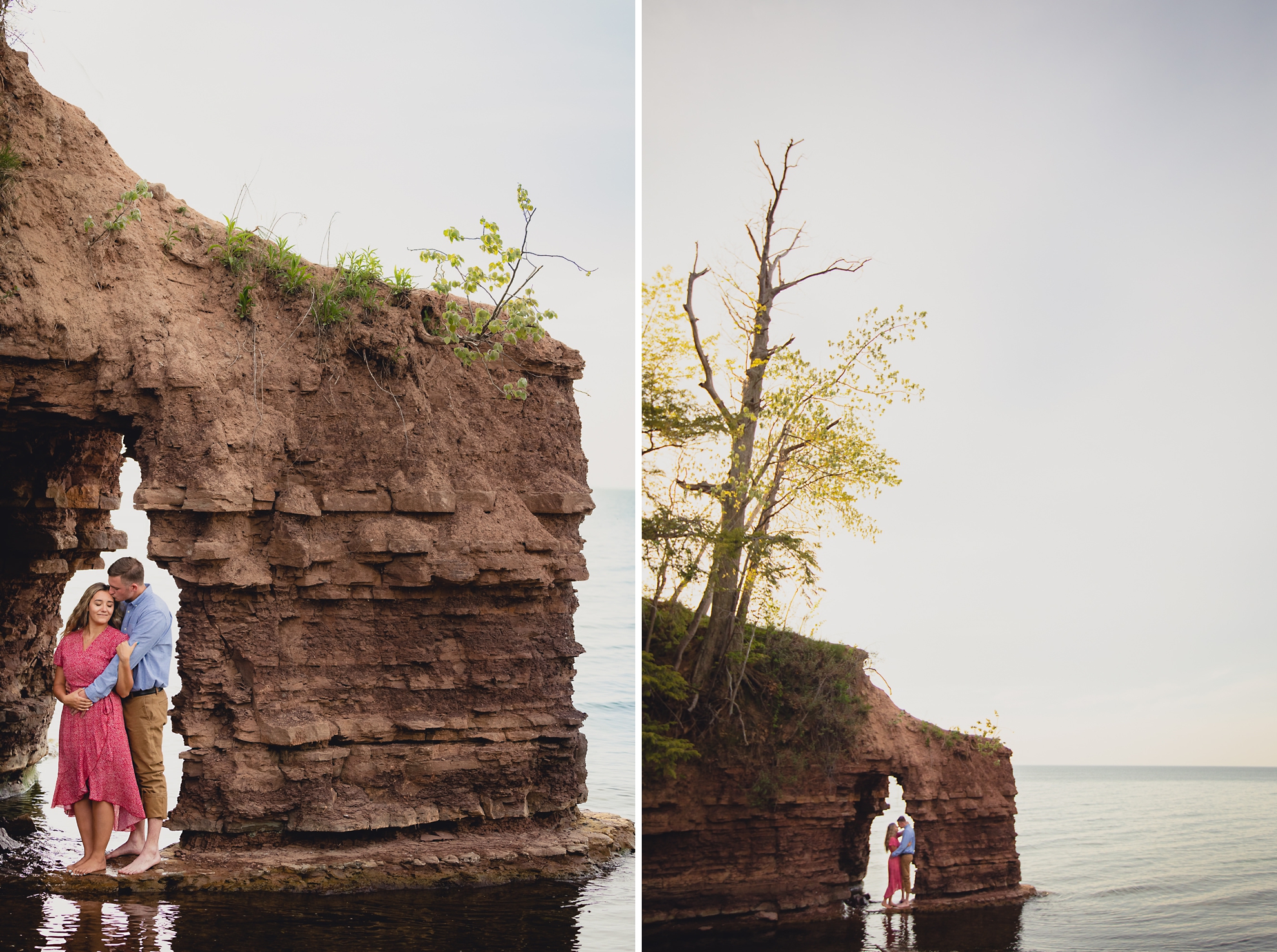 couple looks at each other under archway in cliff on Lake Ontario beach during wedding engagement proposal photography in Niagara County