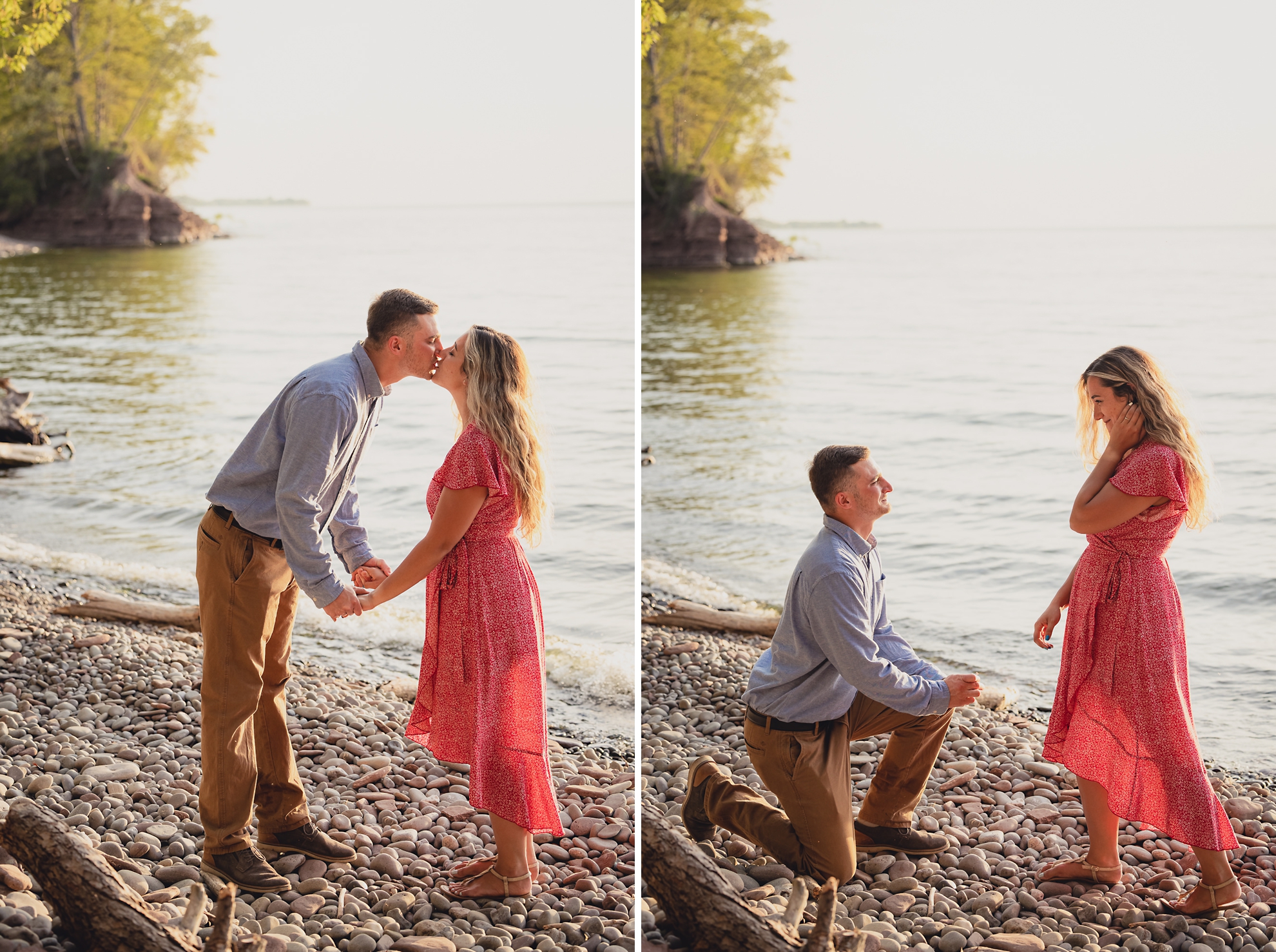 man proposes to woman on Lake Ontario beach at sunset during wedding engagement proposal photography in Niagara County