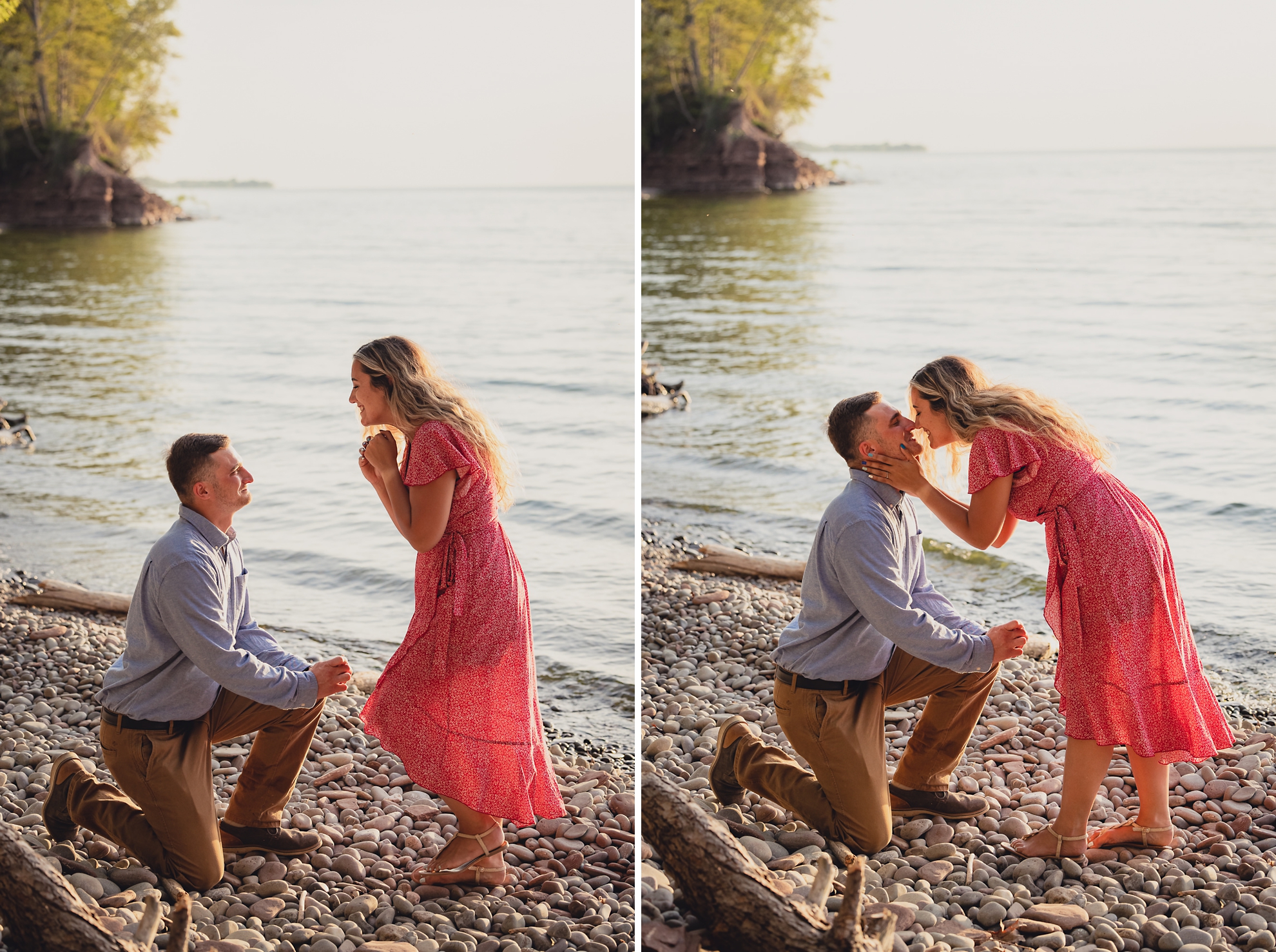 man proposes to woman on Lake Ontario beach at sunset during wedding engagement proposal photography in Niagara County
