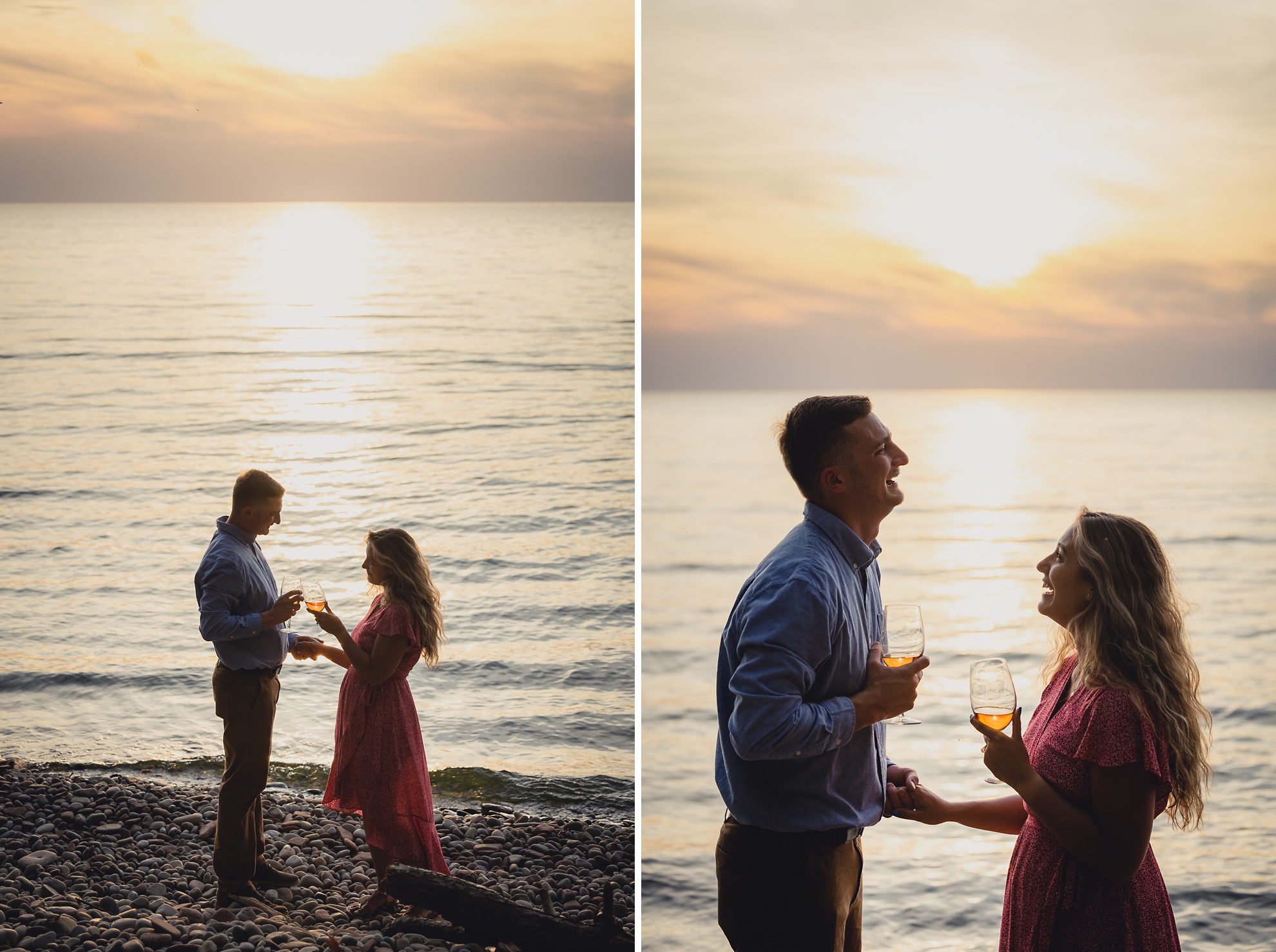 couple drinks wine after proposal on Lake Ontario beach at sunset during wedding engagement proposal photography in Niagara County