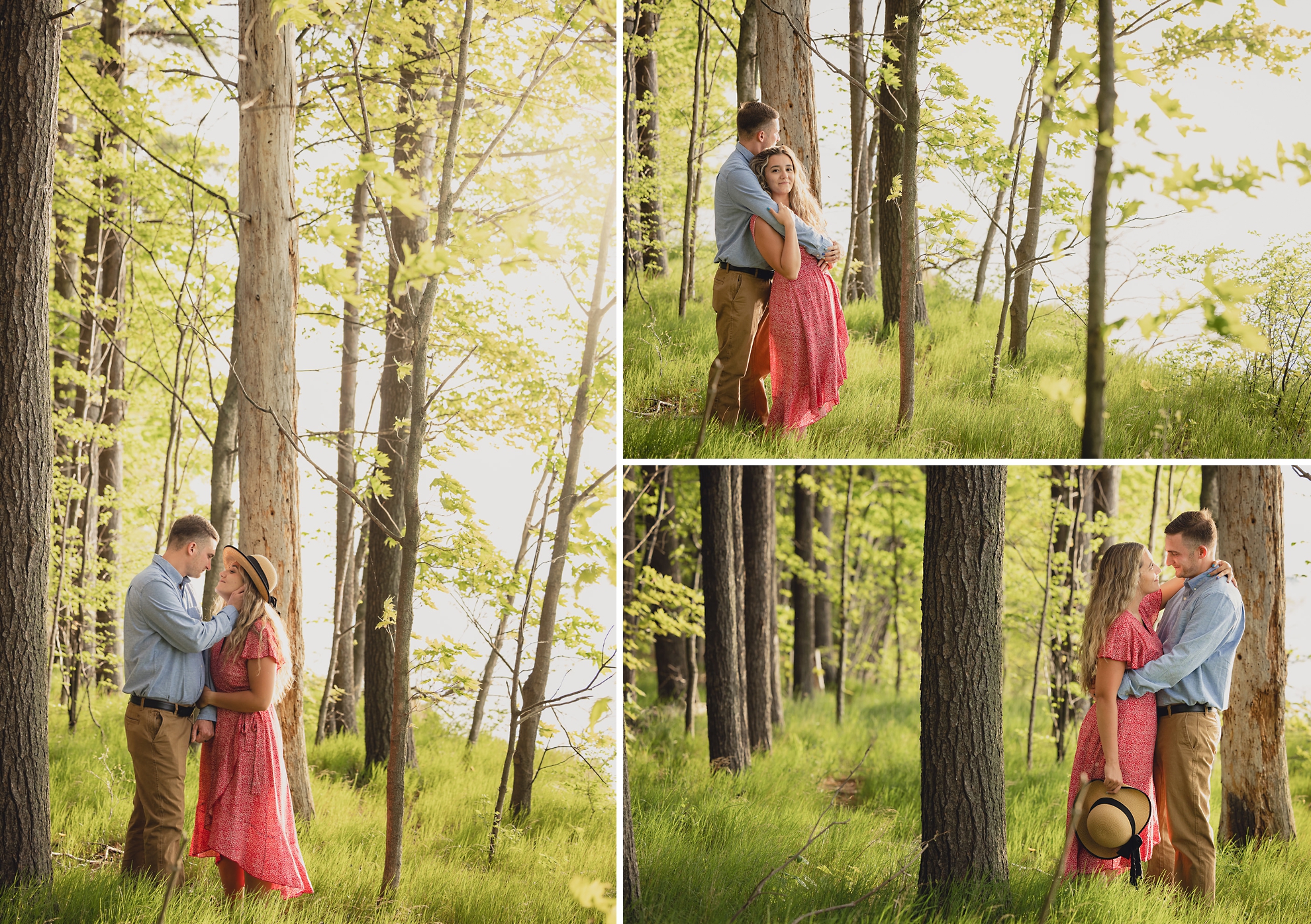 couple snuggles during wedding engagement proposal photography in woods by Lake Ontario Beach in Niagara County