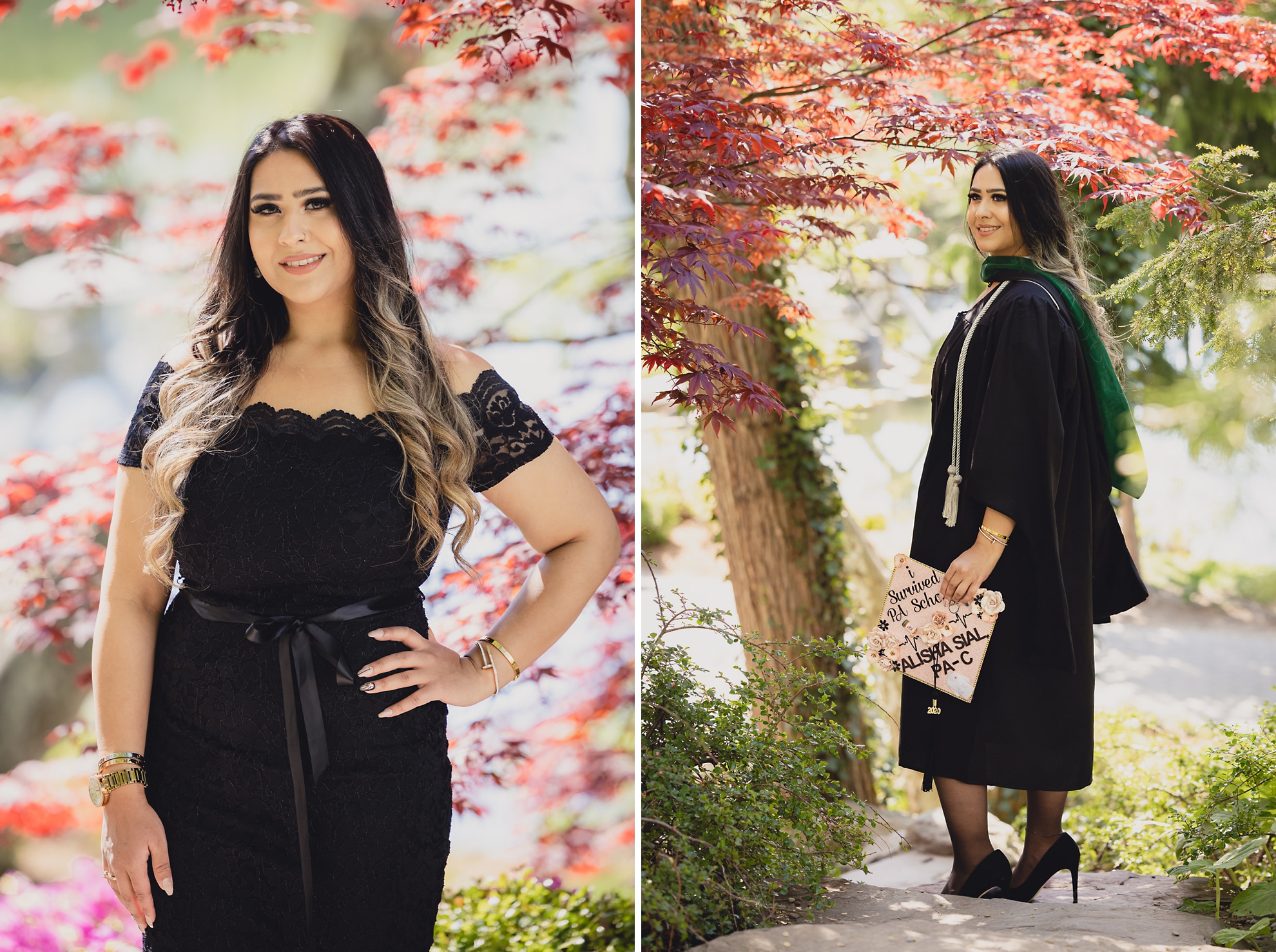 graduate smiles for photographer during senior graduation portrait photography at the Japanese Gardens in Buffalo, NY