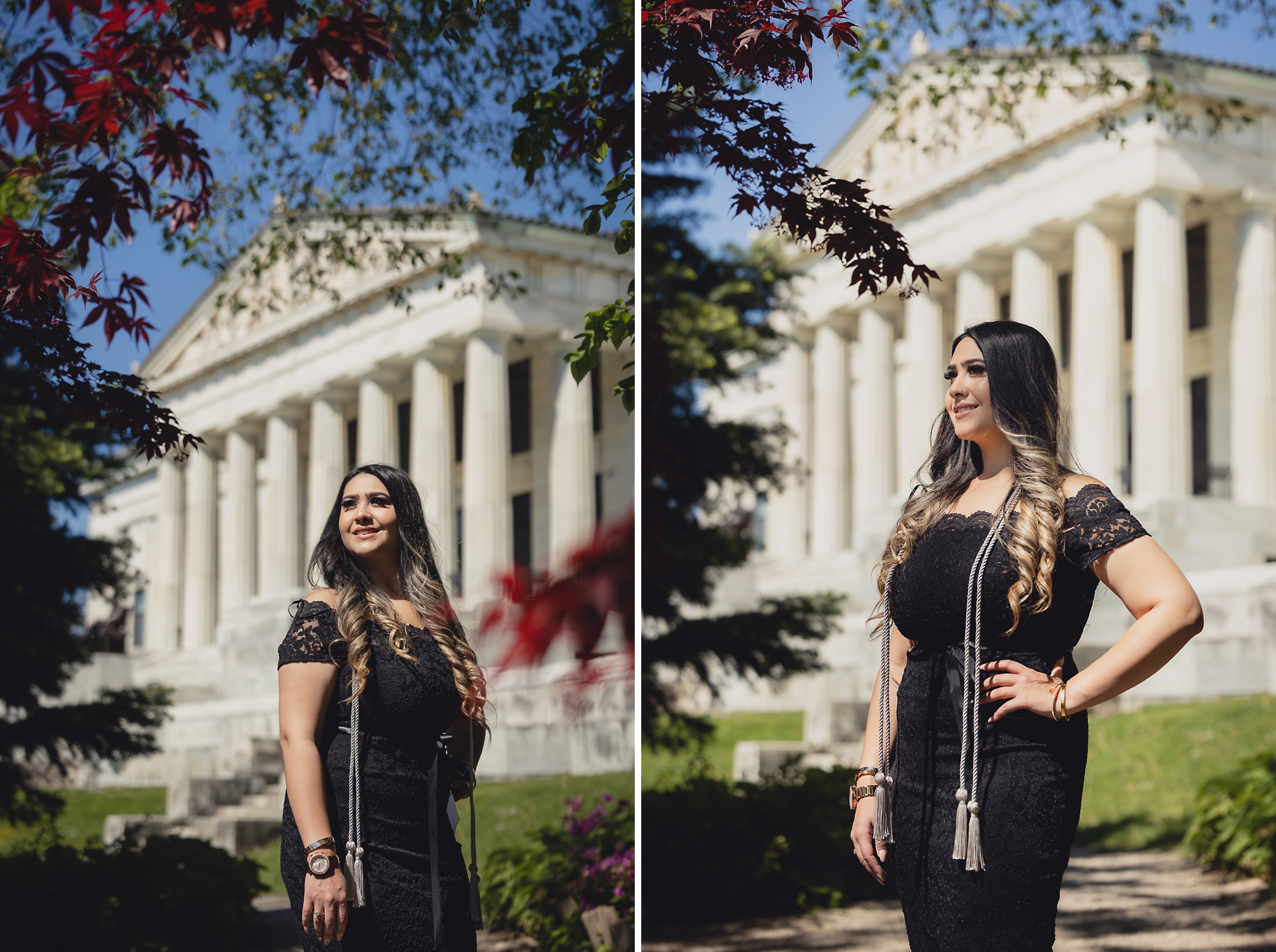 graduate smiles for photographer during senior graduation portrait photography at the History Museum in Buffalo, NY