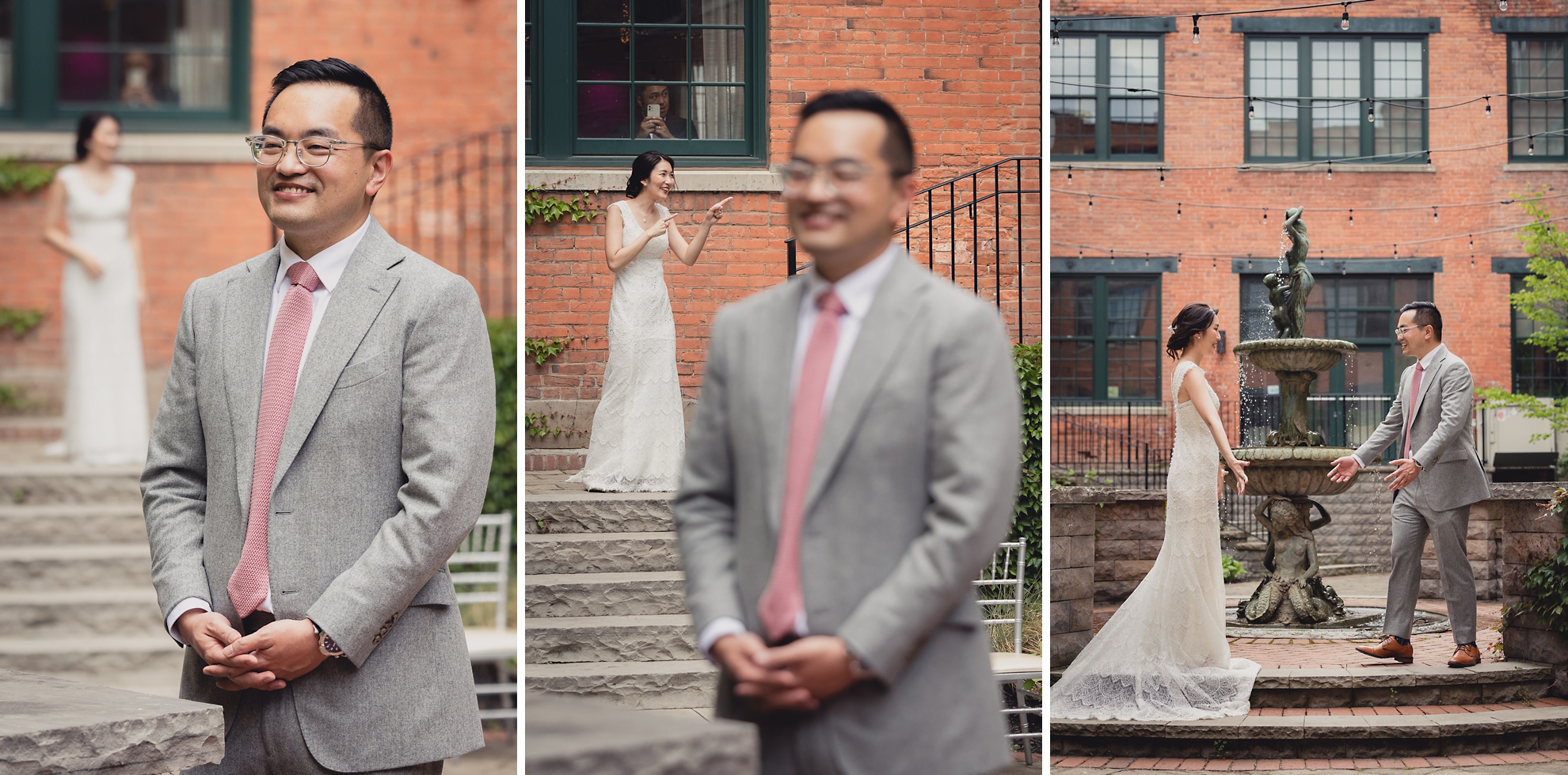 bride and groom see each other for the first time in the courtyard during their wedding at the Foundry Suites in Buffalo, NY