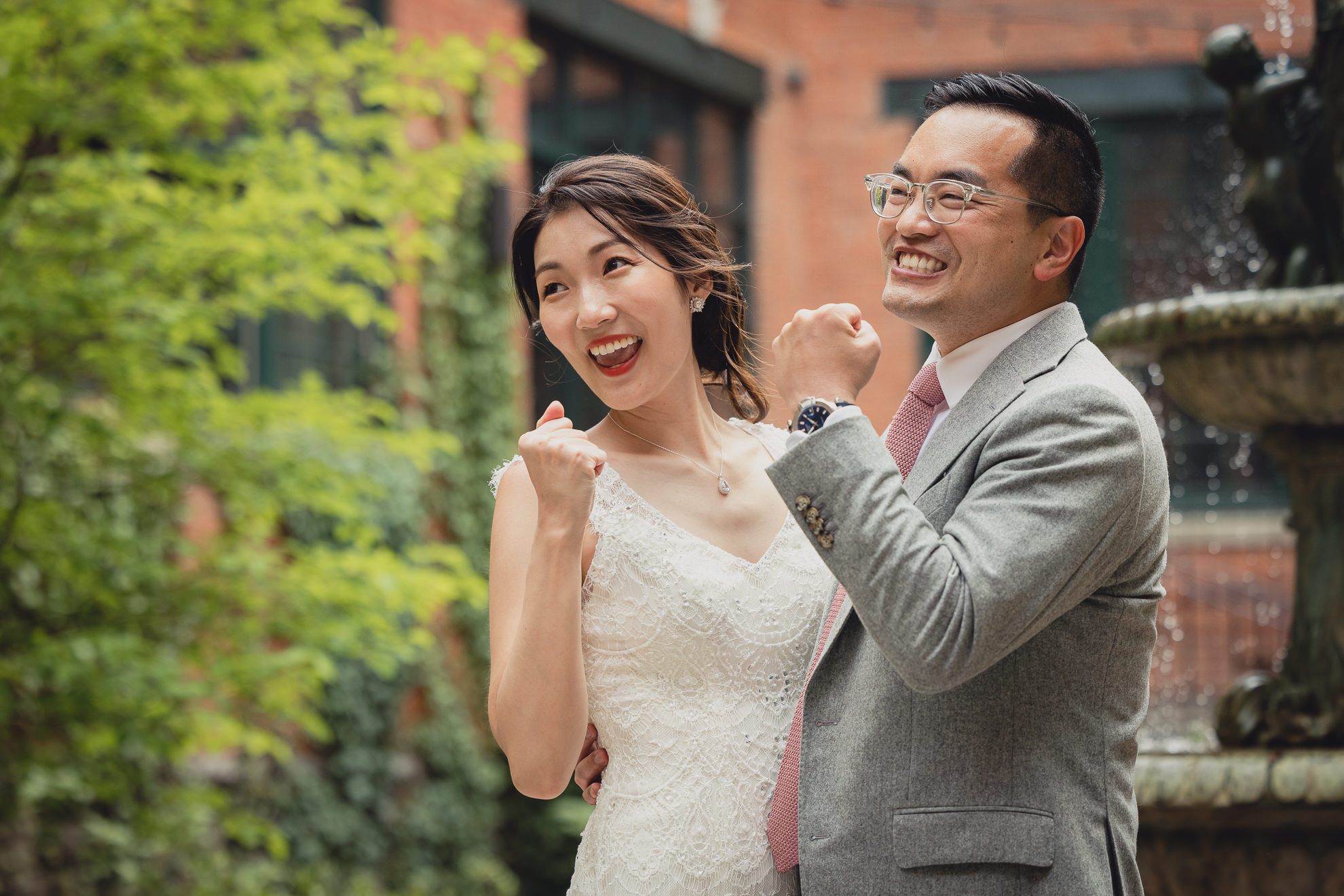bride and groom see each other for the first time in the courtyard during their wedding at the Foundry Suites in Buffalo, NY