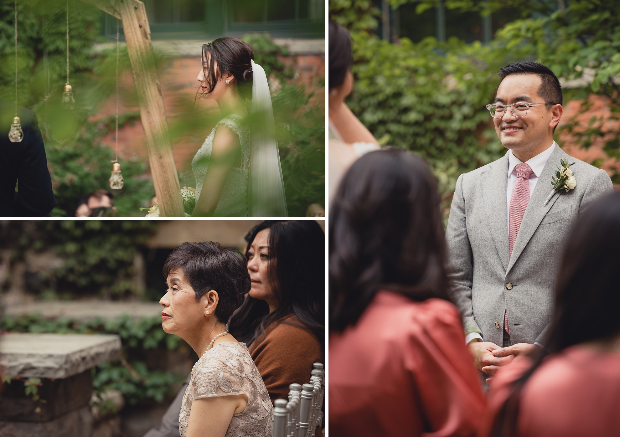 groom smiles at bride during wedding ceremony at the Foundry Suites in Buffalo, NY