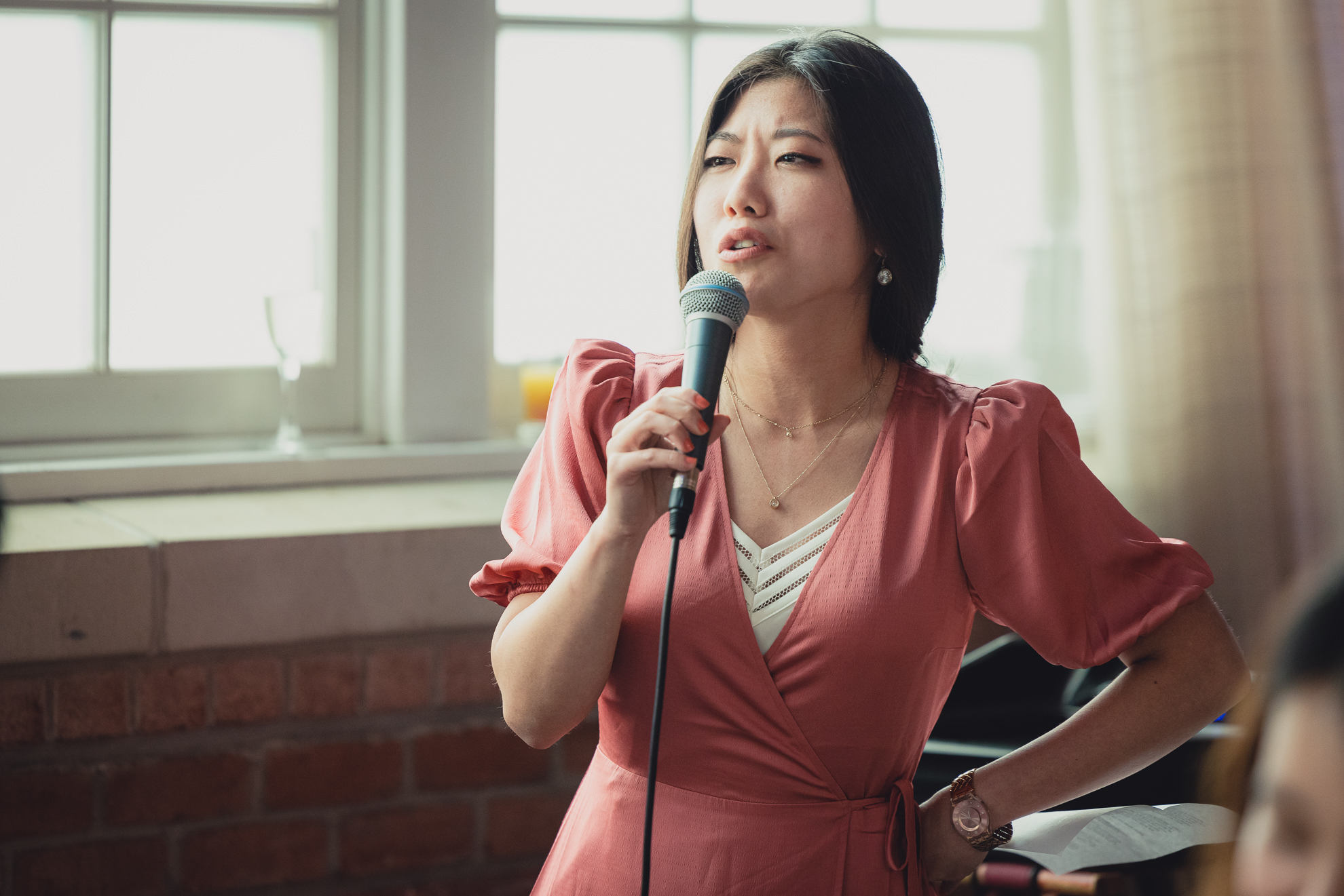 maid of honor delivers speech during wedding reception at the Foundry Suites in Buffalo, NY