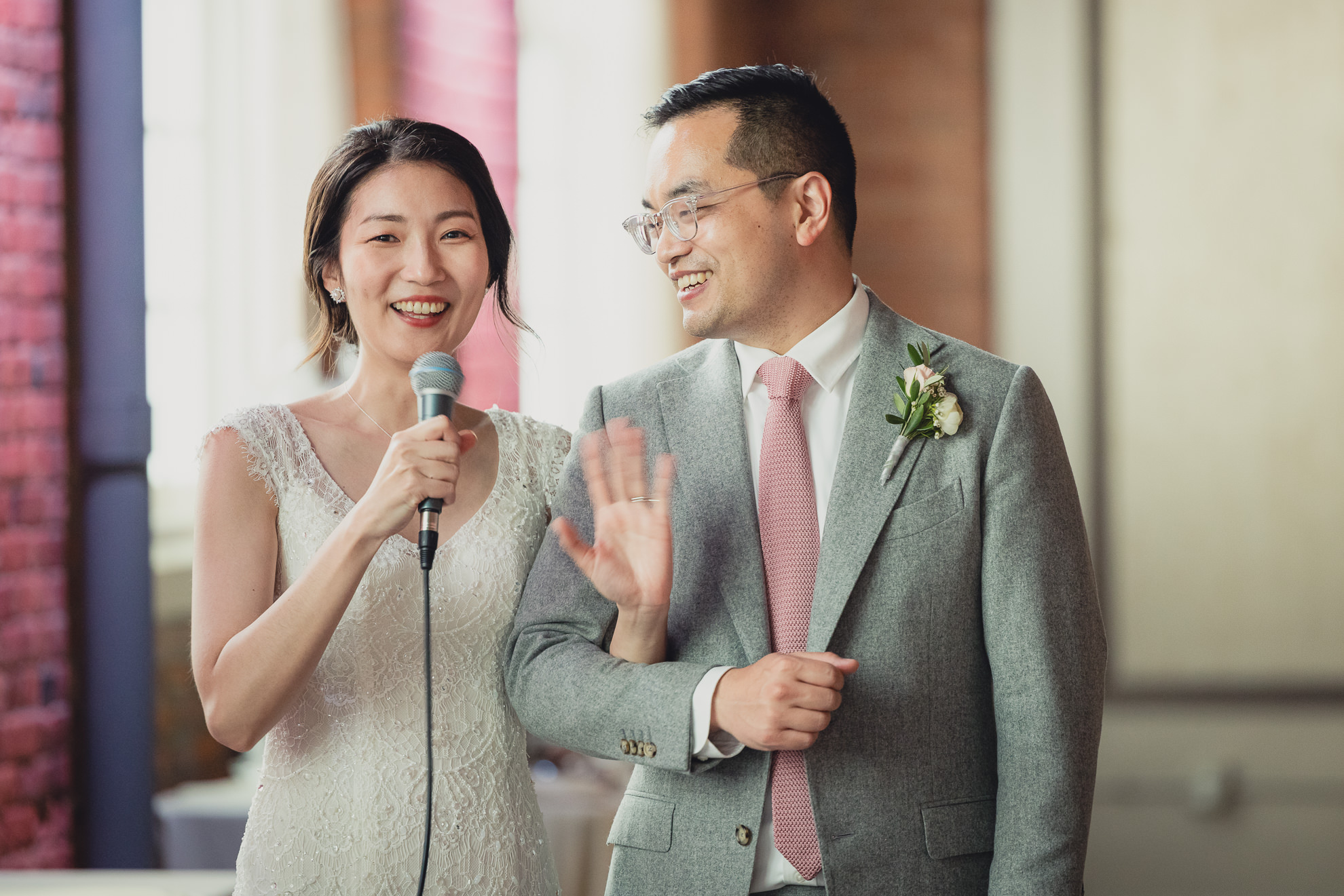 bride and groom give speech during wedding reception at the Foundry Suites in Buffalo, NY