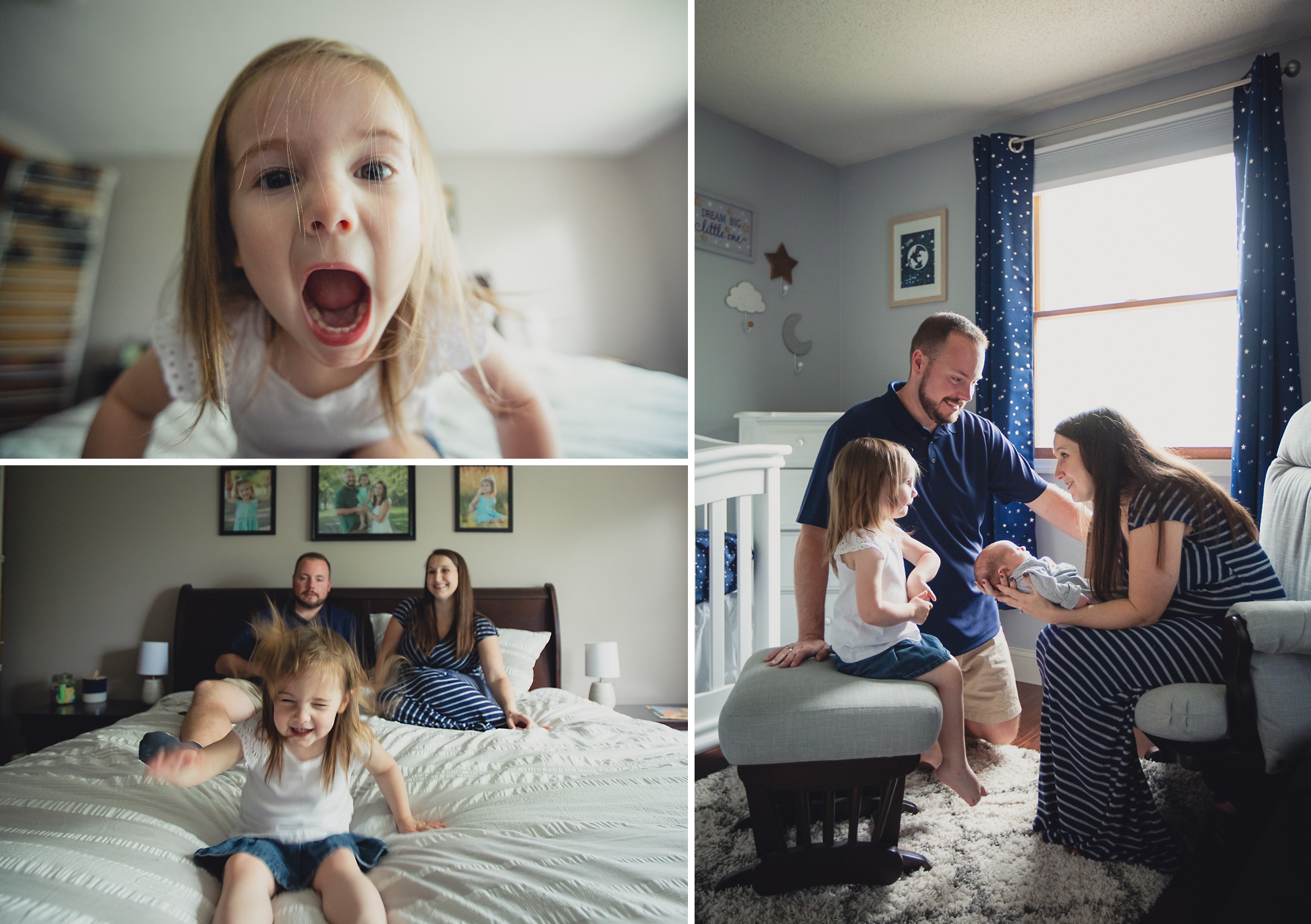 big sister looks at baby mom is holding in nursery while sitting on bed during newborn baby family photography session in Buffalo, NY