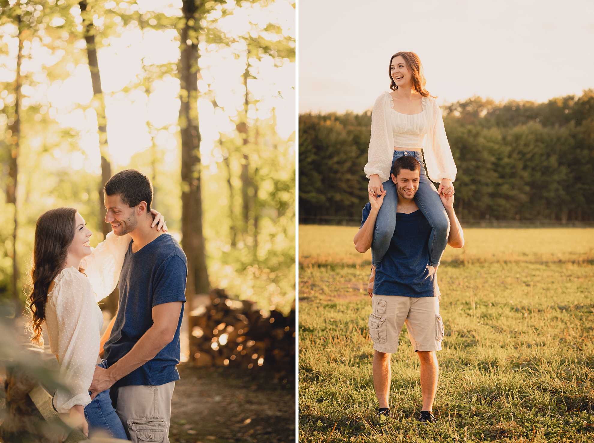 engaged couple poses in woods during engagement photography session at best location near Buffalo, NY