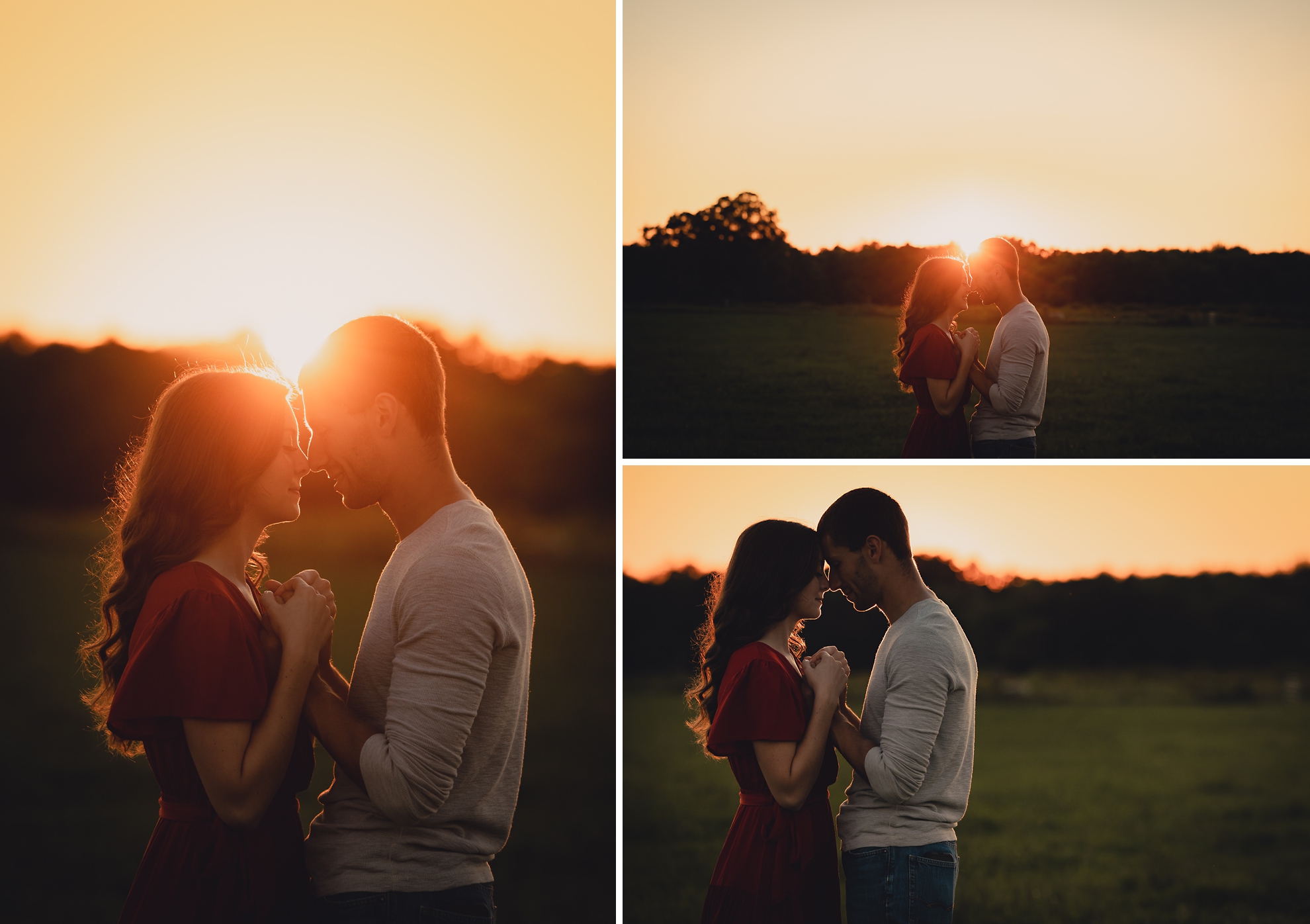 engaged couple poses in field during sunset at engagement photography session at best location near Buffalo, NY