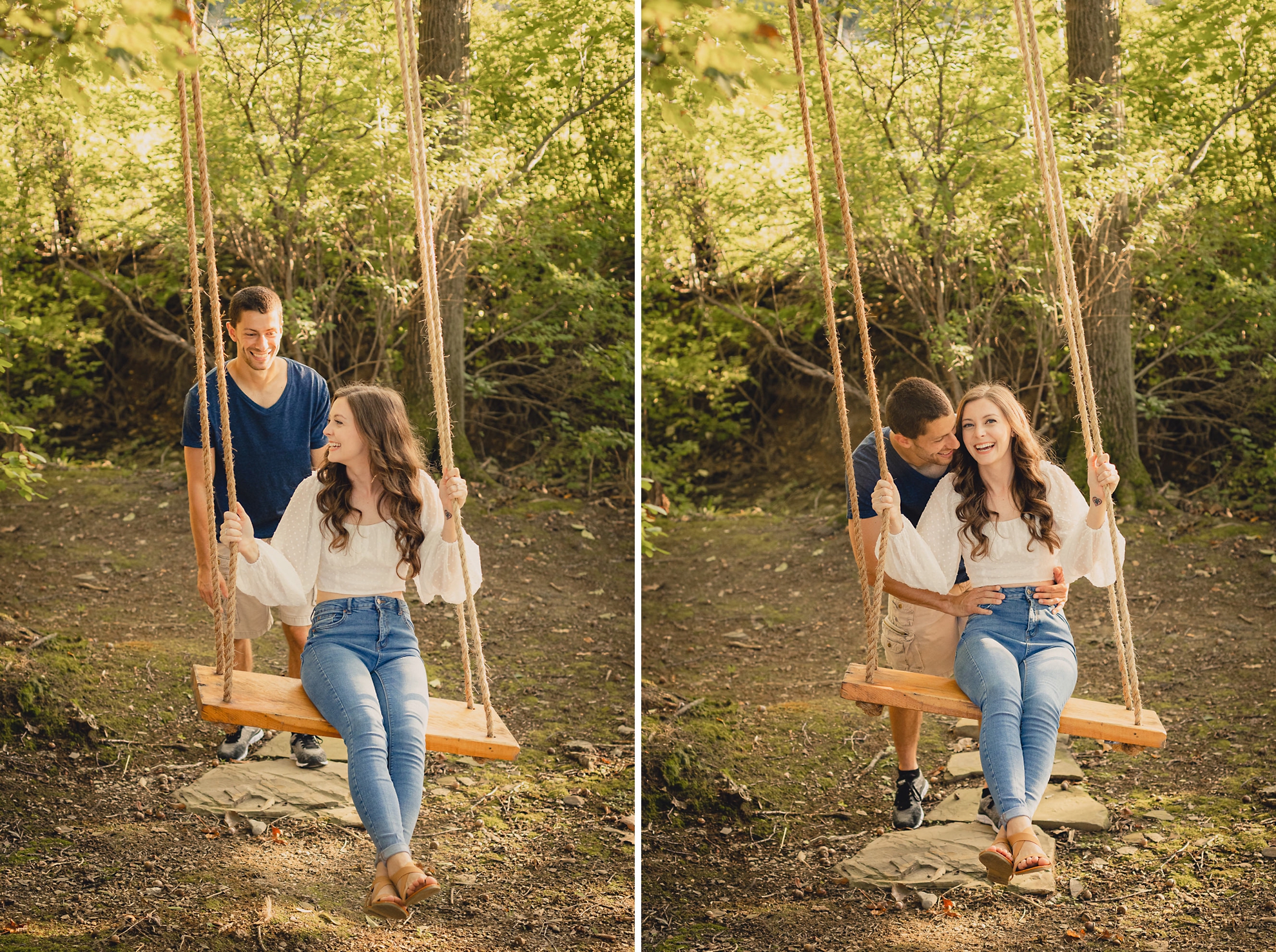 engaged couple on swing during engagement photography session at best location near Buffalo, NY