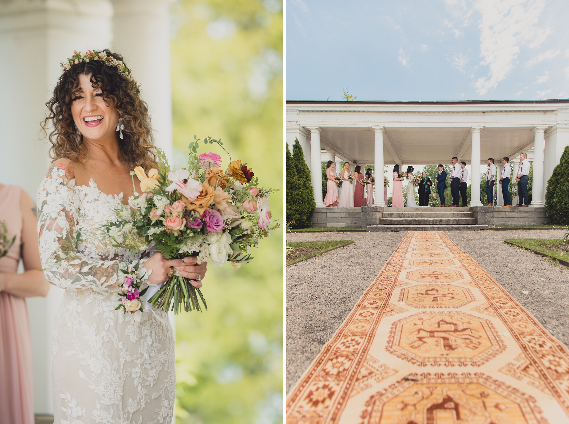 bride smiles at guests at the terrace at marcy casino rose garden wedding ceremony