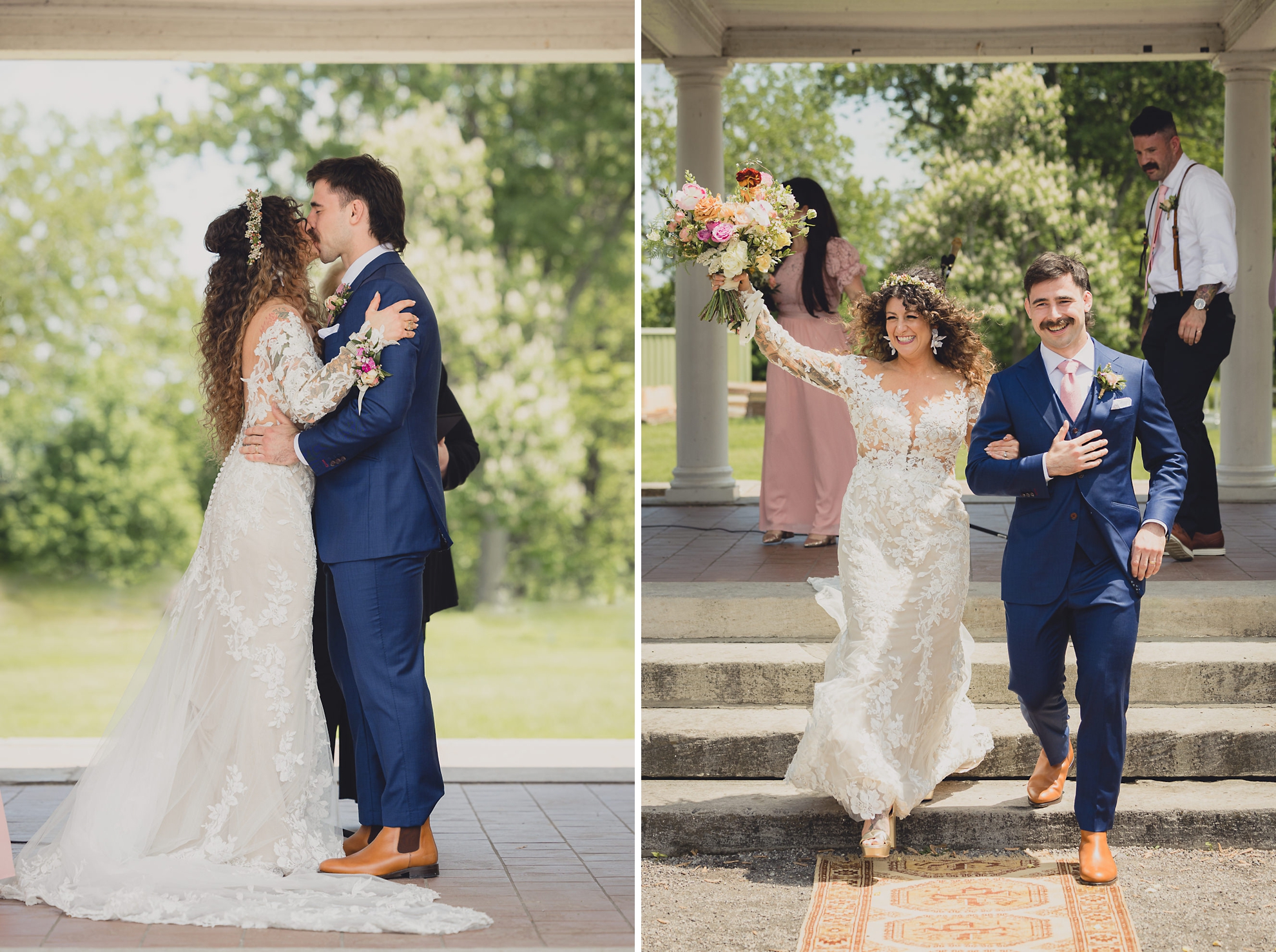 bride and groom kiss and walk up aisle at the terrace at marcy casino rose garden wedding ceremony